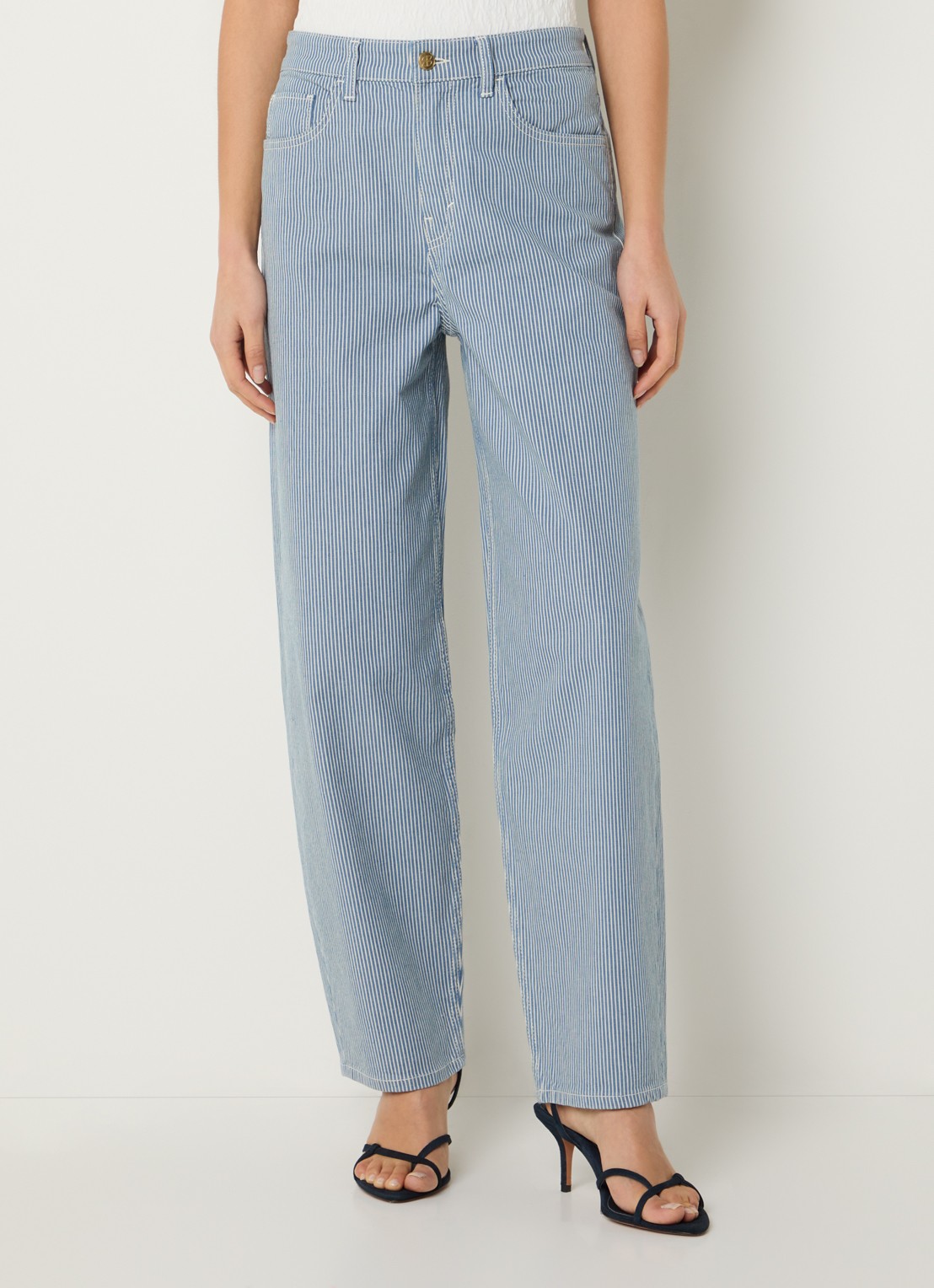 by-bar Lew high waist straight fit broek met streepprint - detail 2 blauw