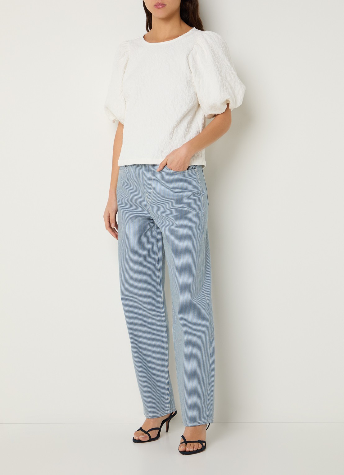by-bar Lew high waist straight fit broek met streepprint - voorkant 5 blauw