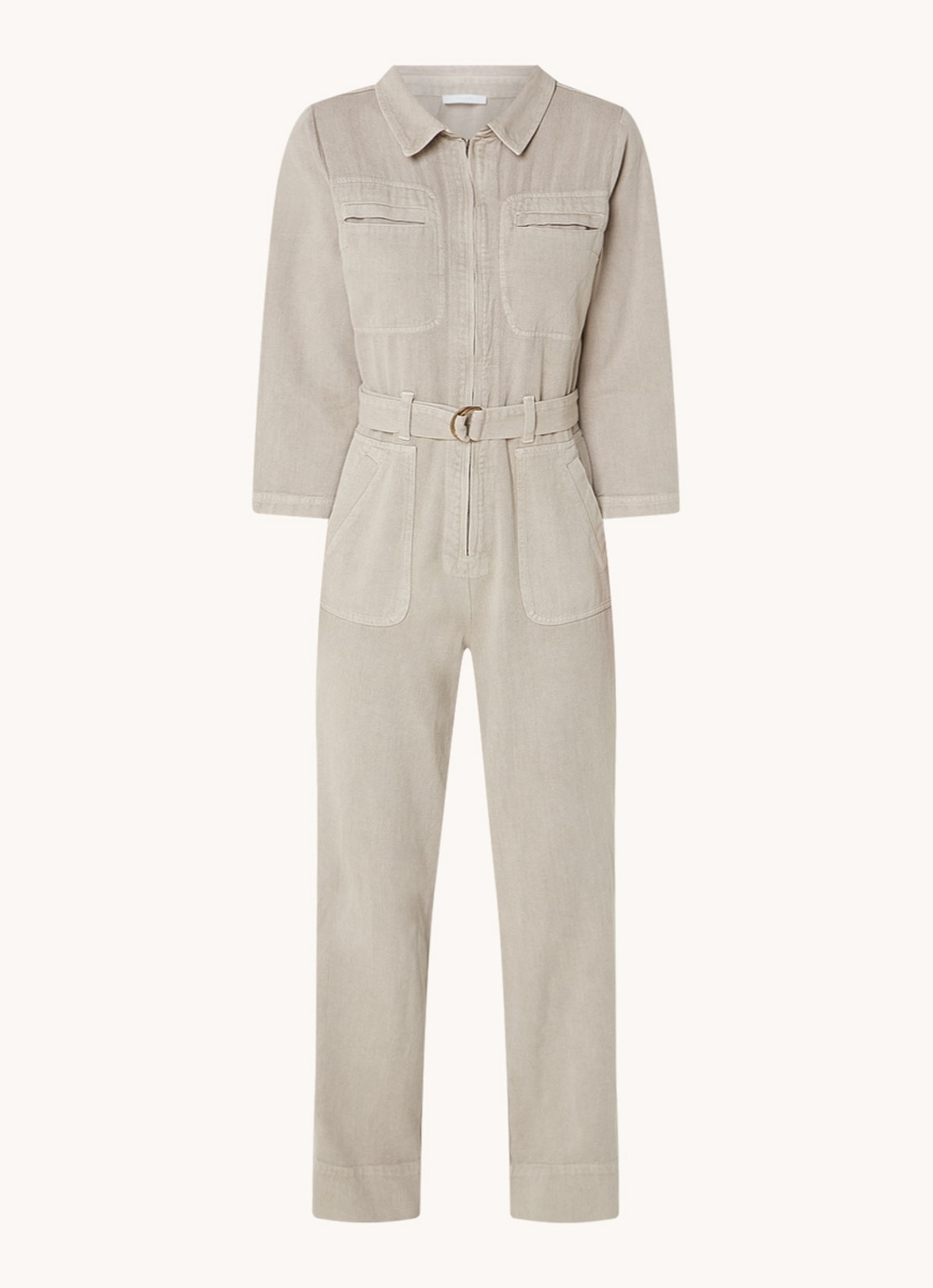 by-bar Louise straight fit jumpsuit van denim met ceintuur - voorkant donkerbeige