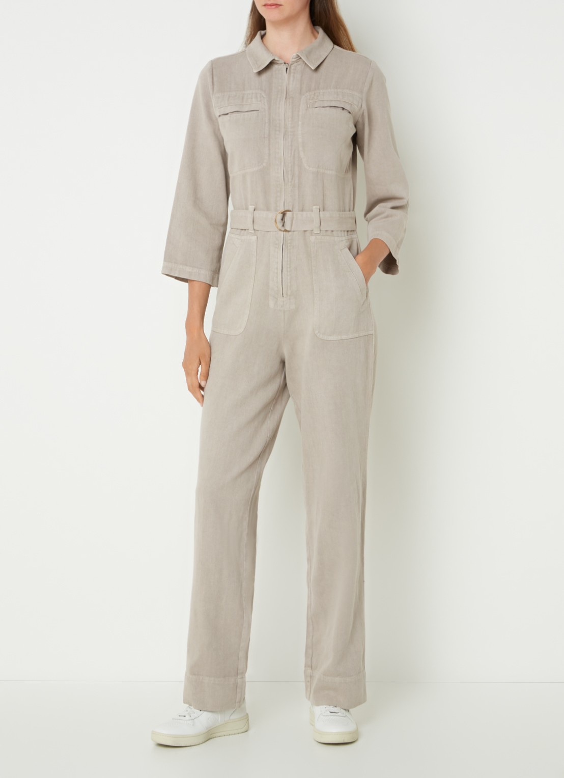 by-bar Louise straight fit jumpsuit van denim met ceintuur - voorkant 2 donkerbeige