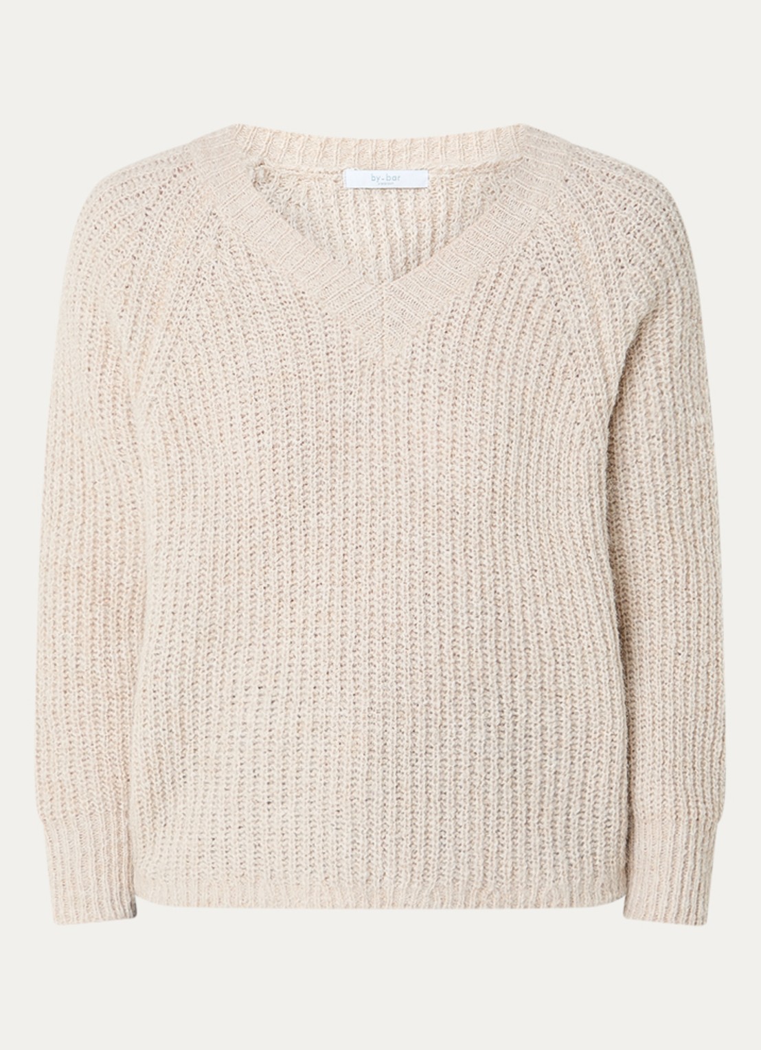 by-bar Lune grofgebreide trui in alpaca wolblend met V-hals - voorkant 3 creme