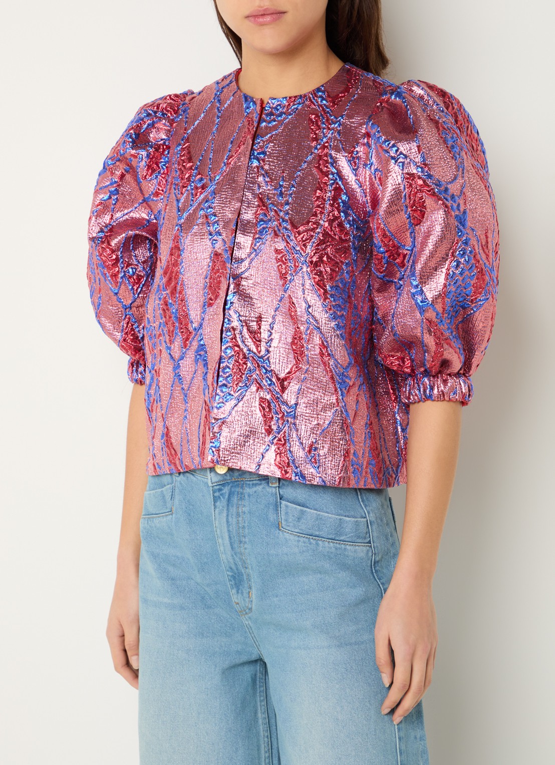 by-bar Mauri blouse met jacquard dessin en lurex - detail 2 koraalroze
