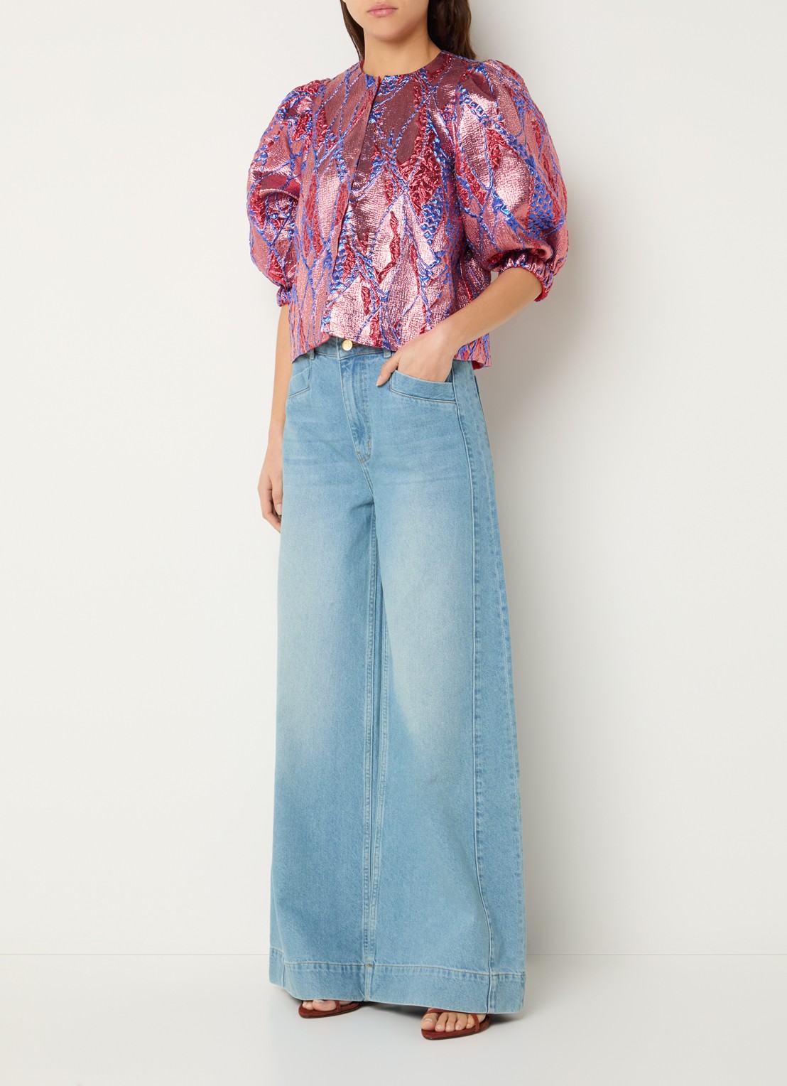 by-bar Mauri blouse met jacquard dessin en lurex - voorkant 4 koraalroze