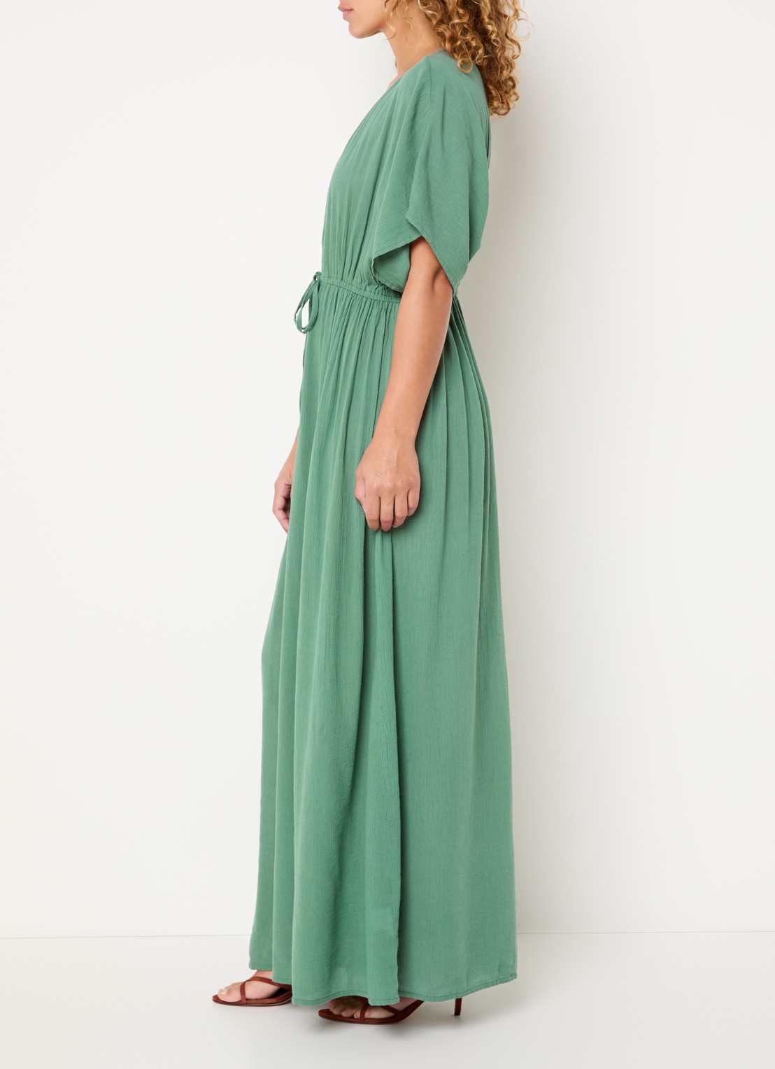 by-bar Maxi jurk met strikceintuur en V-hals - voorkant 3 groen
