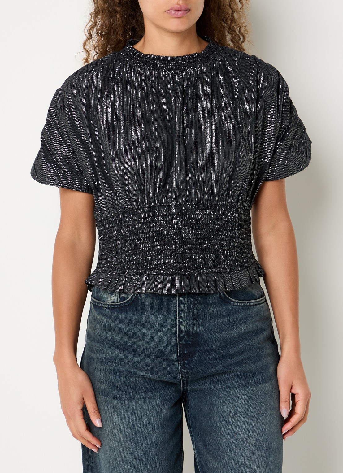 by-bar Melia top met lurex en ronde hals - detail zwart