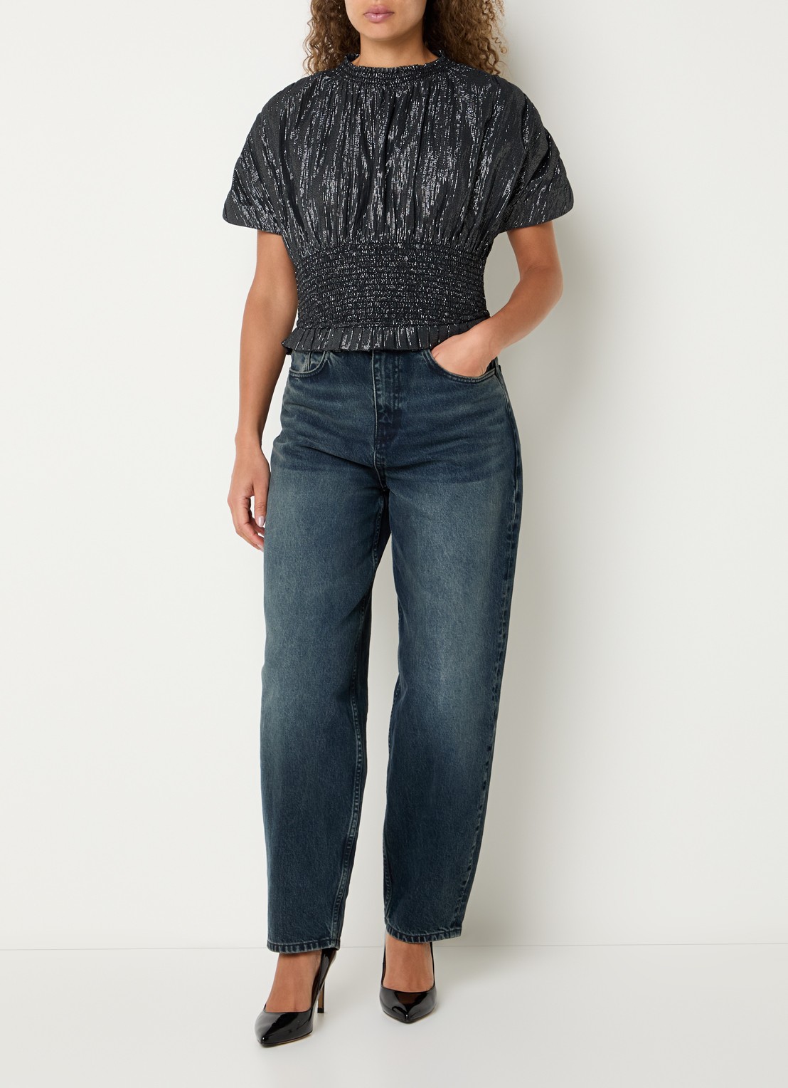 by-bar Melia top met lurex en ronde hals - voorkant 3 zwart