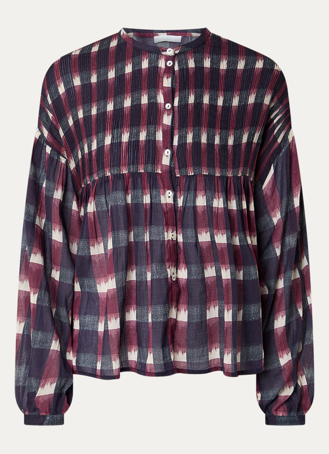 by-bar Mine Ikat blouse met ruitdessin en smockwerk - voorkant bordeauxrood
