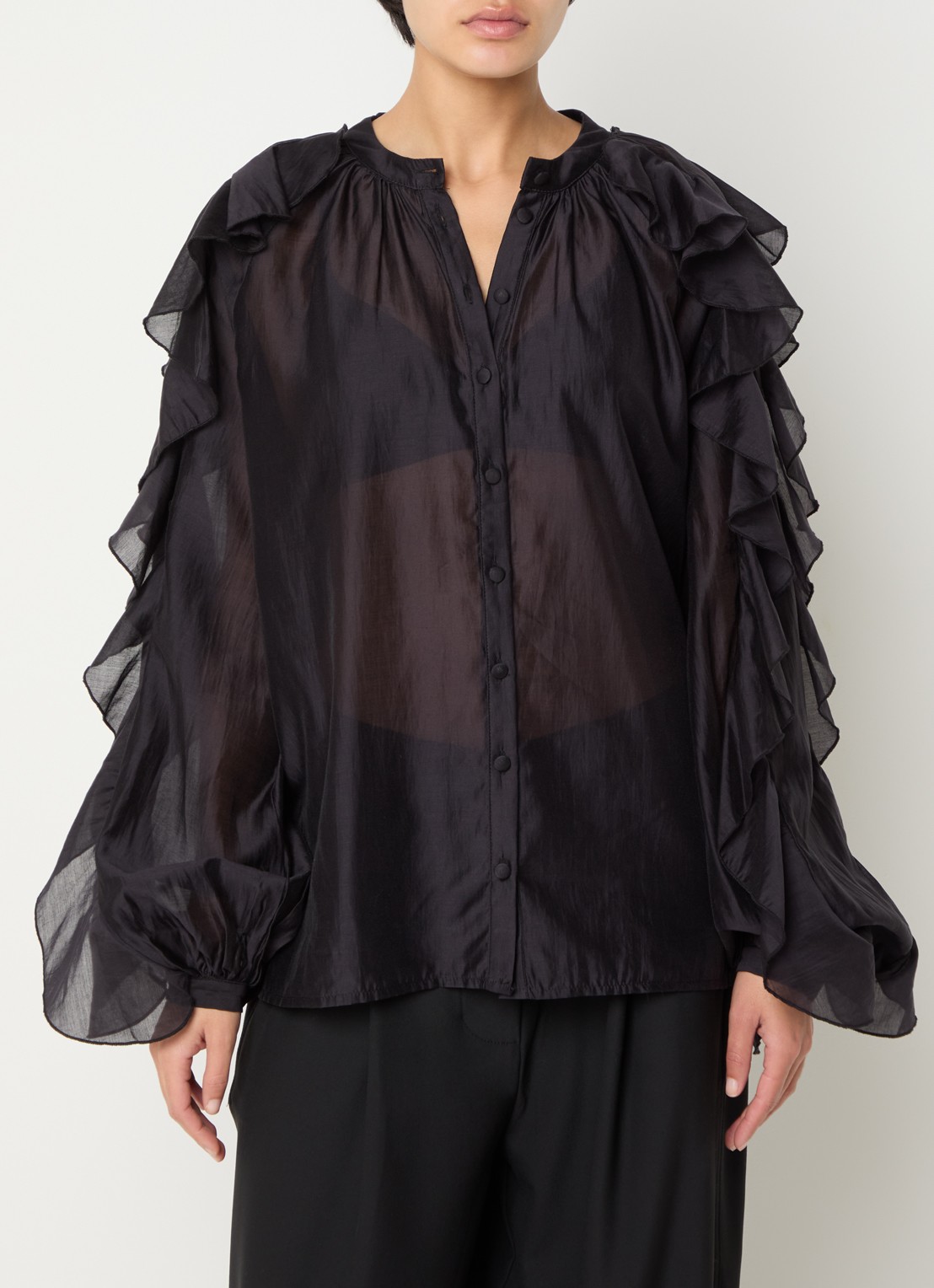 by-bar Miyu blouse met volant en ballonmouw - detail 3 zwart