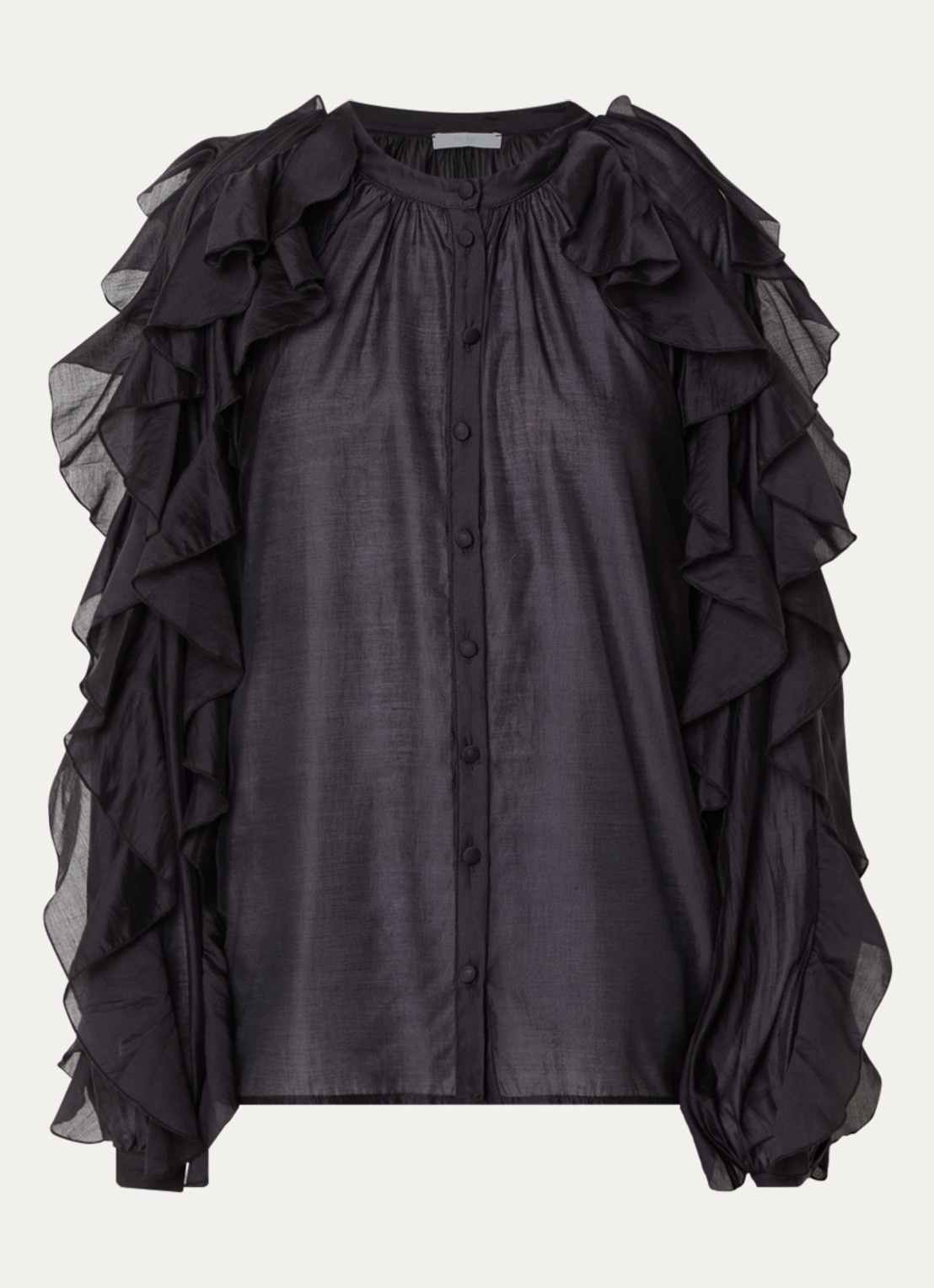 by-bar Miyu blouse met volant en ballonmouw - voorkant zwart