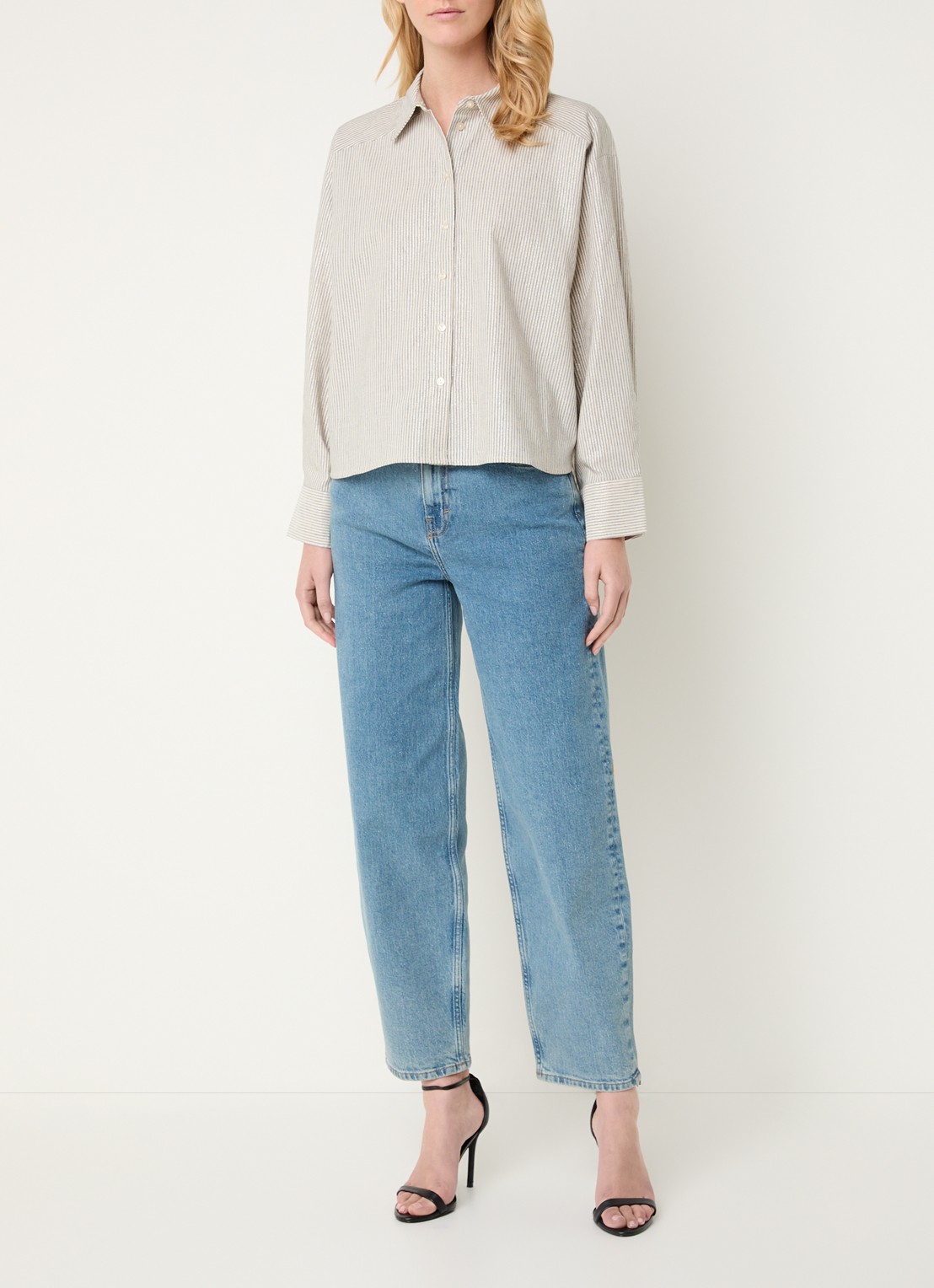 by-bar Nima blouse in linnenblend met lurex en streepprint - voorkant 3 donkerblauw
