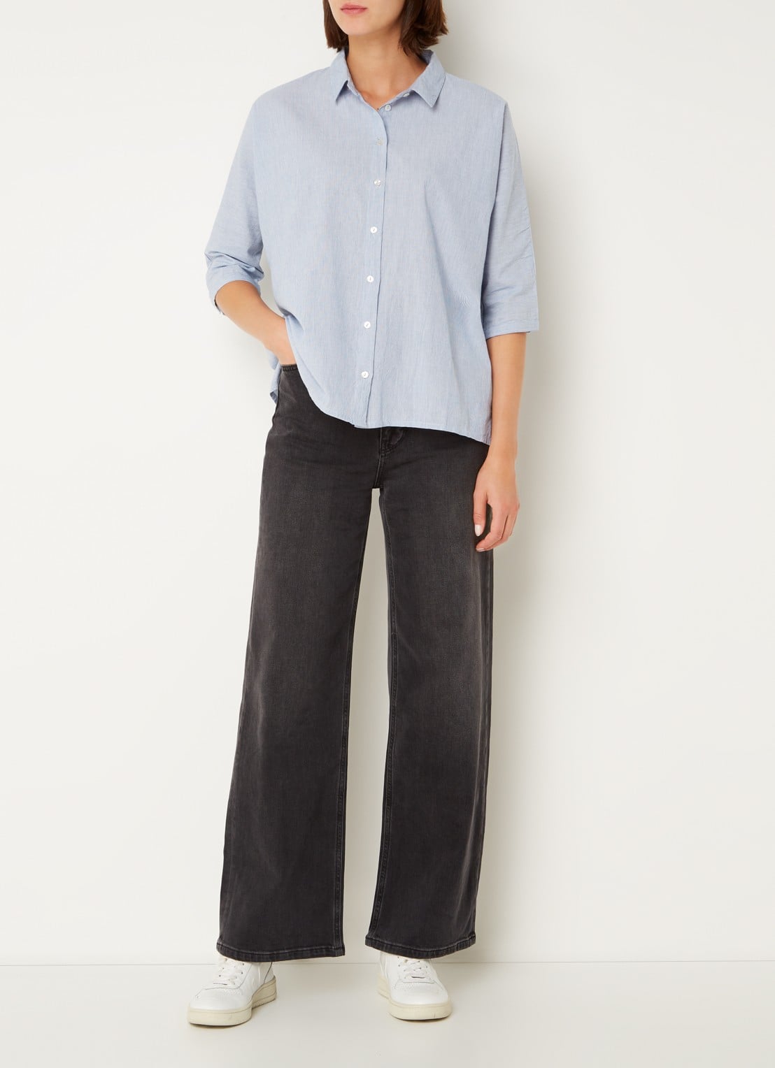 by-bar Norel oversized blouse met streepprint - voorkant 2 lichtblauw