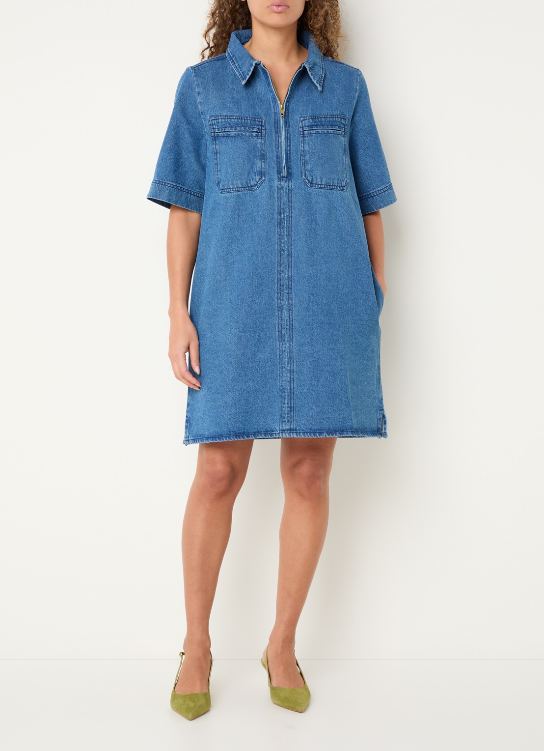 by-bar Philipe denim jurk paspelzakken - voorkant 2 indigo