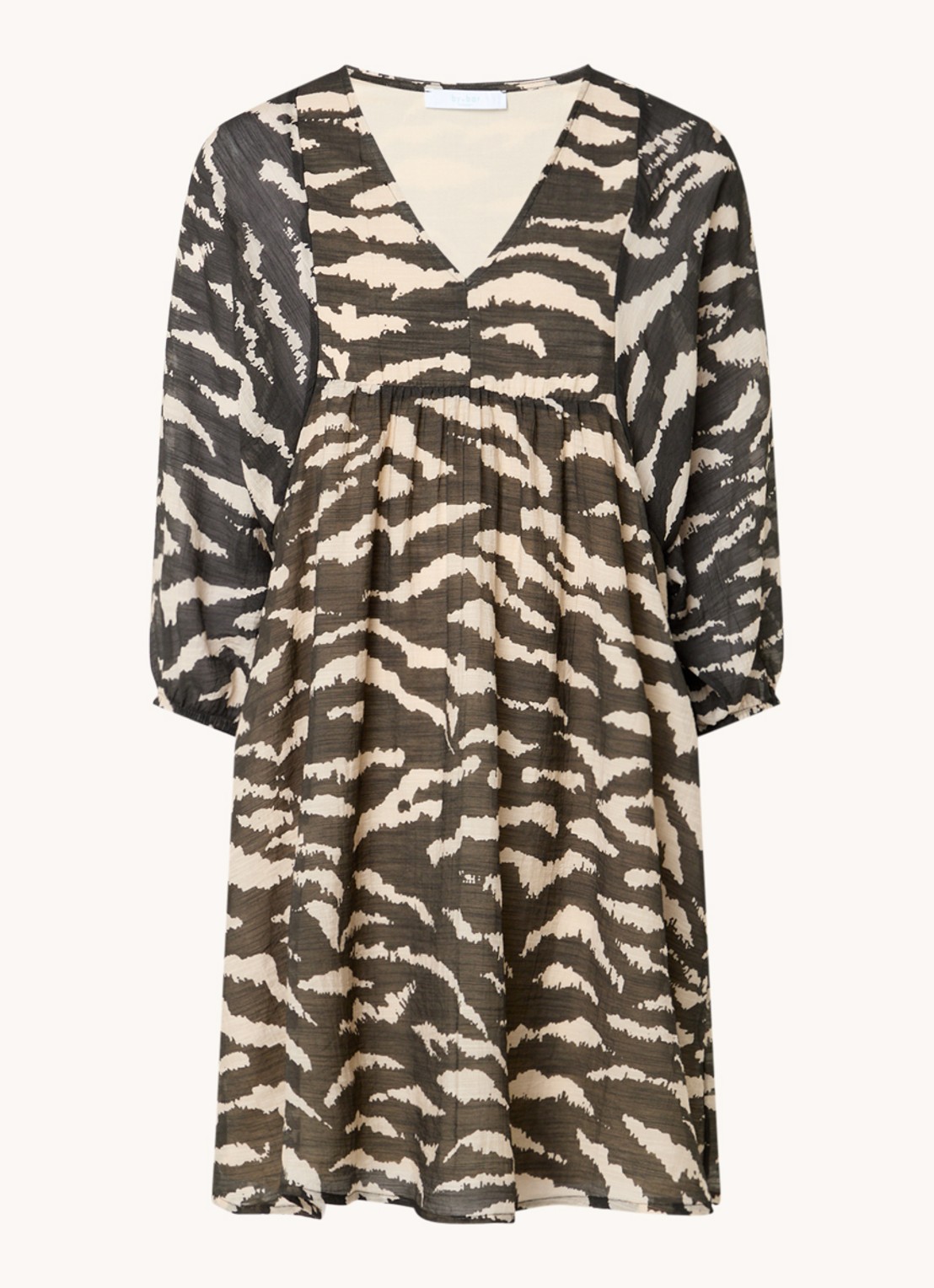 by-bar Philou mini jurk met zebraprint en ballonmouw - voorkant 2 bronsgroen
