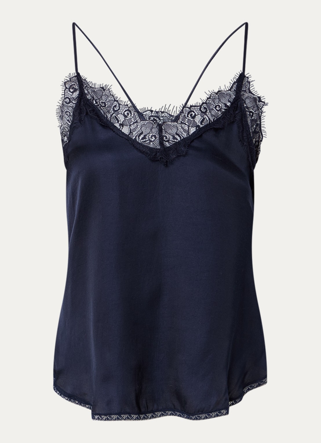 by-bar Pia top van satijn met details van kant - voorkant blauw
