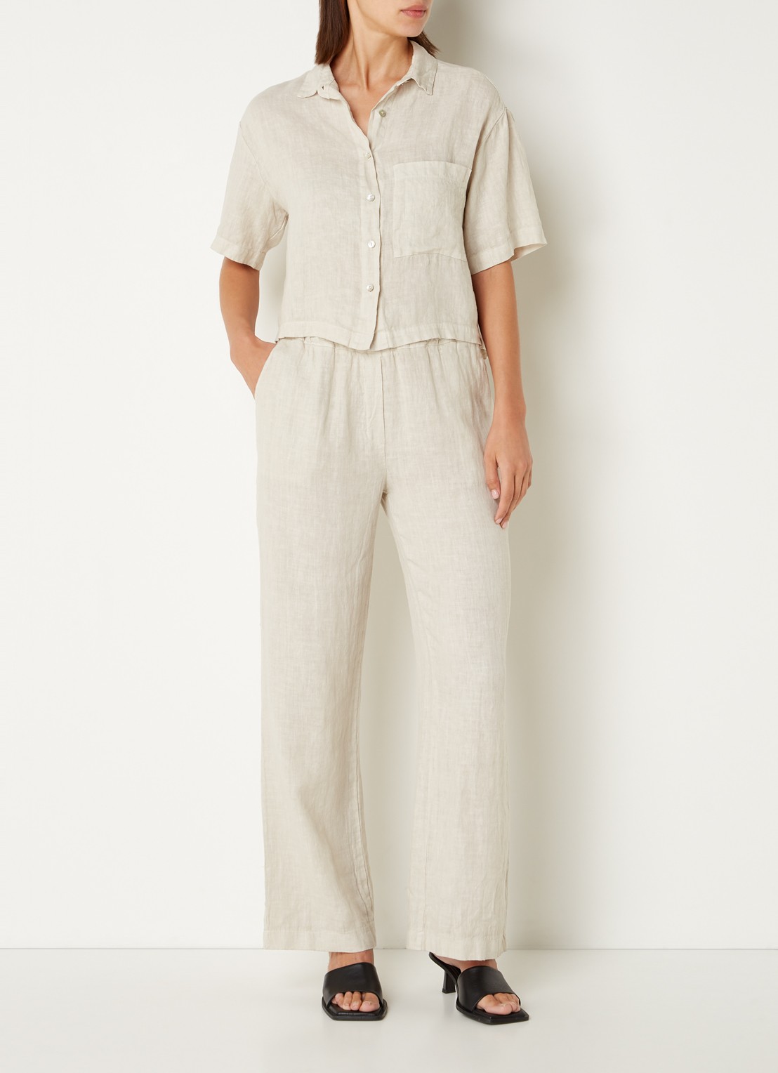 by-bar Robyn high waist straight fit pantalon van linnen - voorkant 4 zand