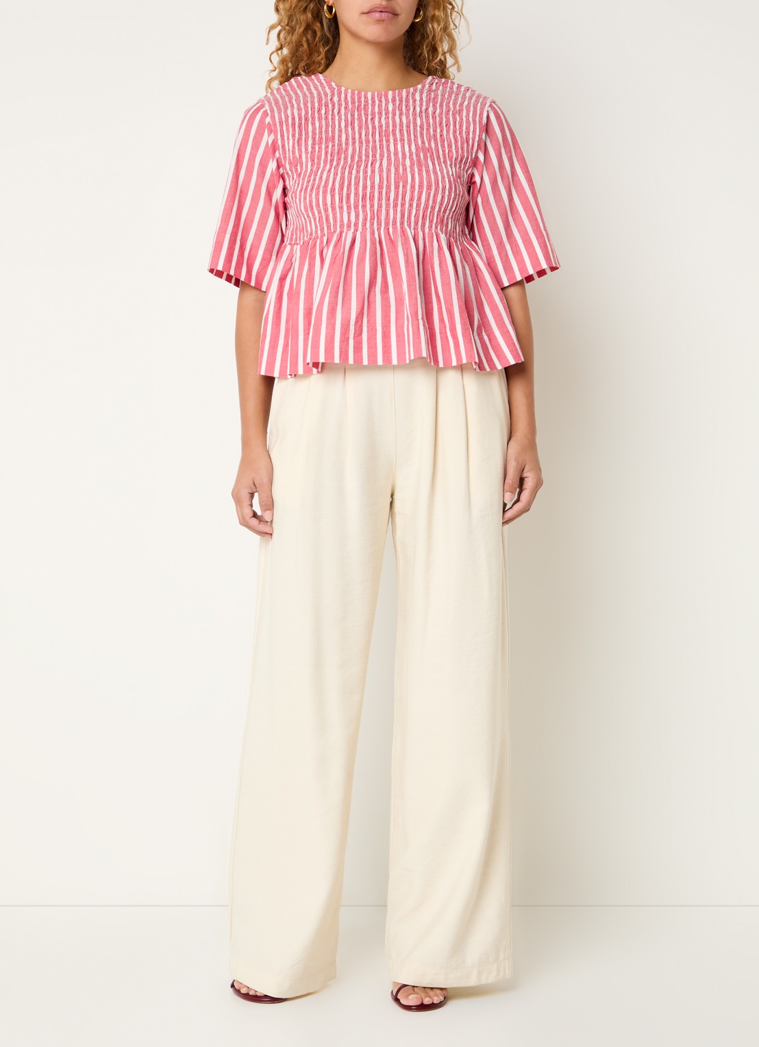 by-bar Runa tuniek met smockwerk en streepprint - voorkant 2 koraalrood