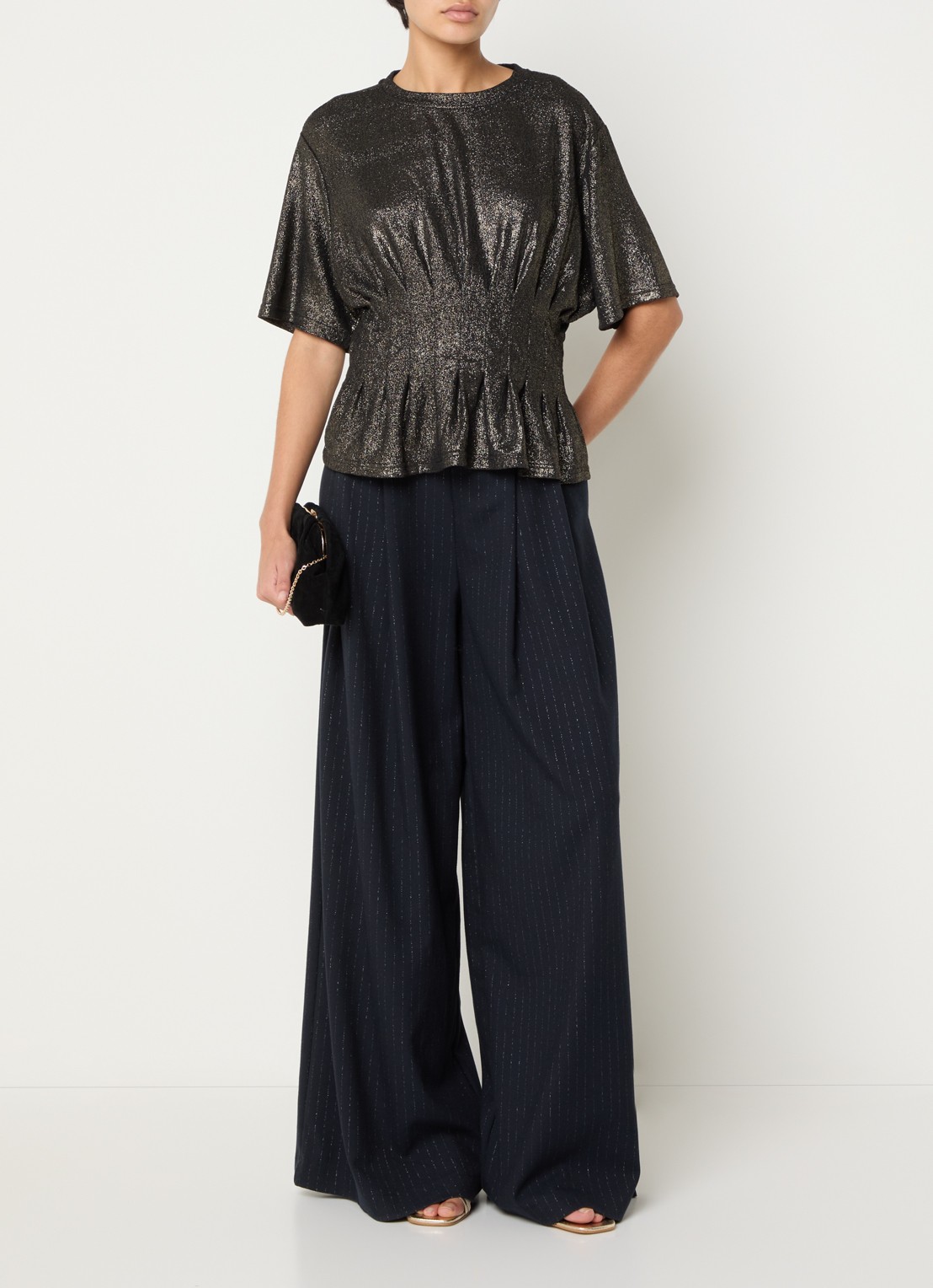 by-bar Sef Sparkle mid waist wide fit palazzo broek met lurex streepprint en steekzakken - voorkant 4 donkerblauw