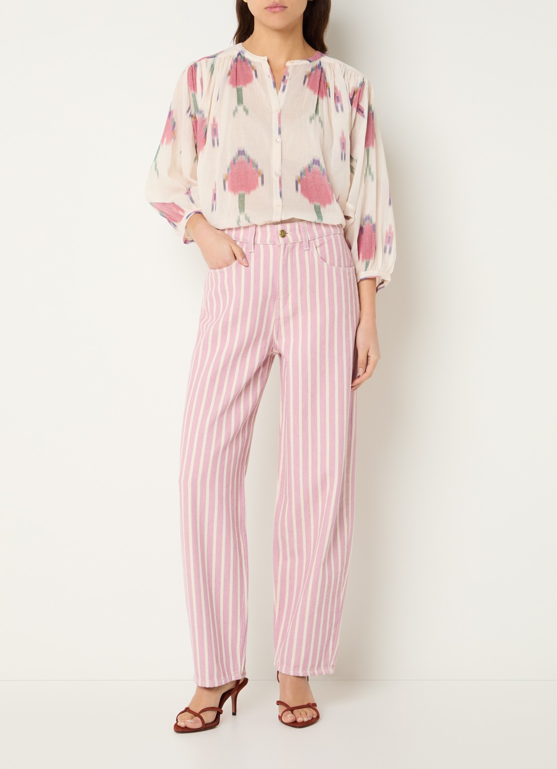 by-bar Tara semi-transparante blouse met print - voorkant 4 gebroken wit