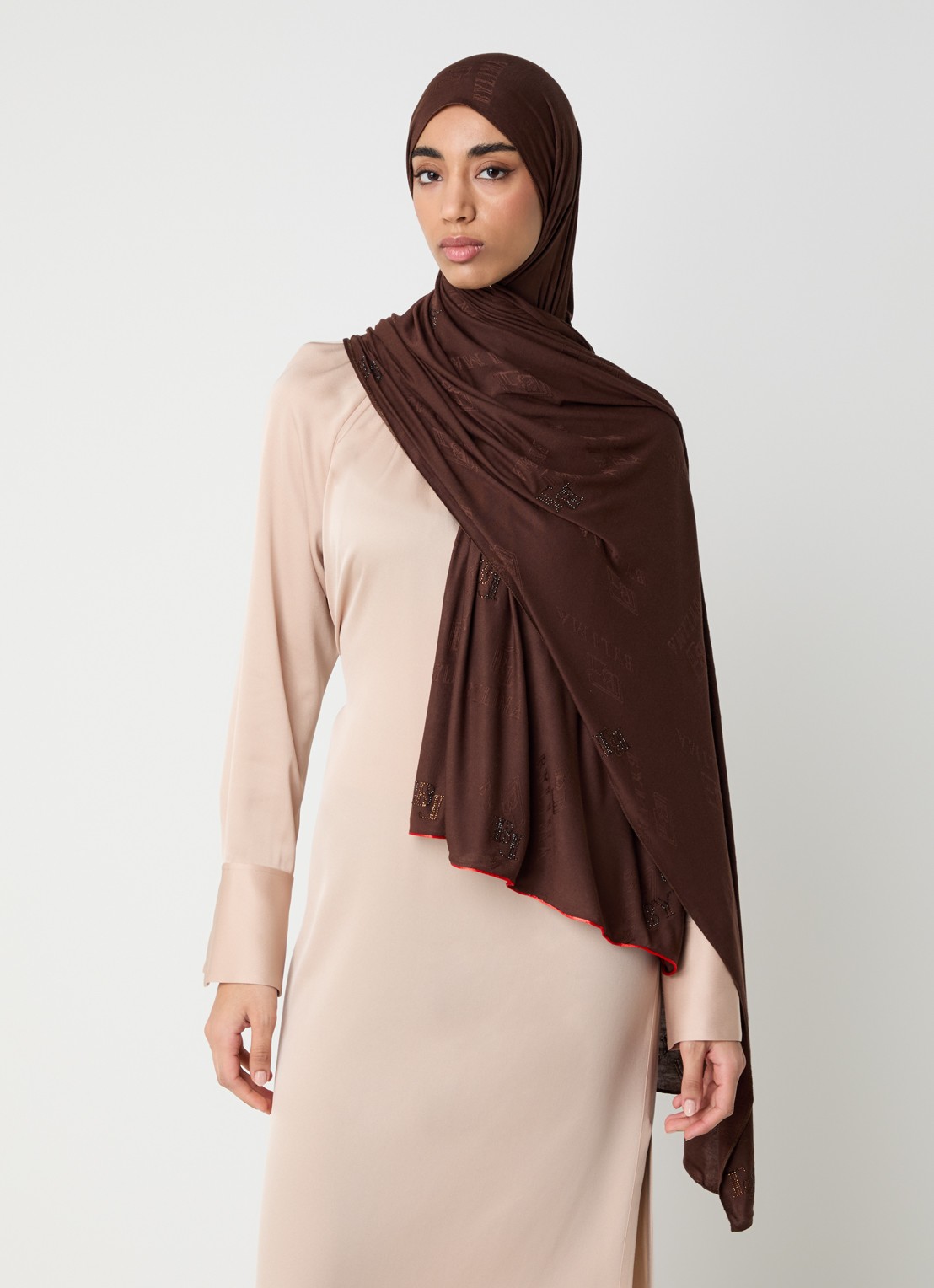 BYLIMA Stamp sjaal met strass 190 x 70 cm - voorkant 5 bruin