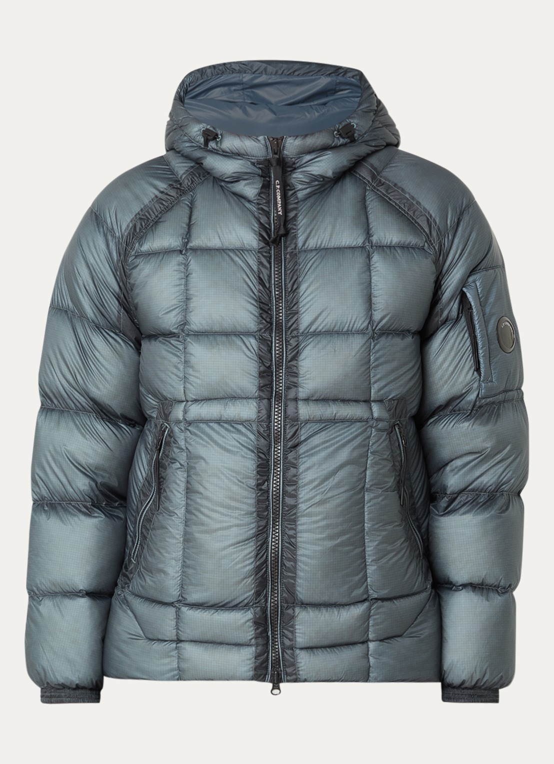 C.P. Company Puffer jack met ritszakken en capuchon - voorkant 3 blauw