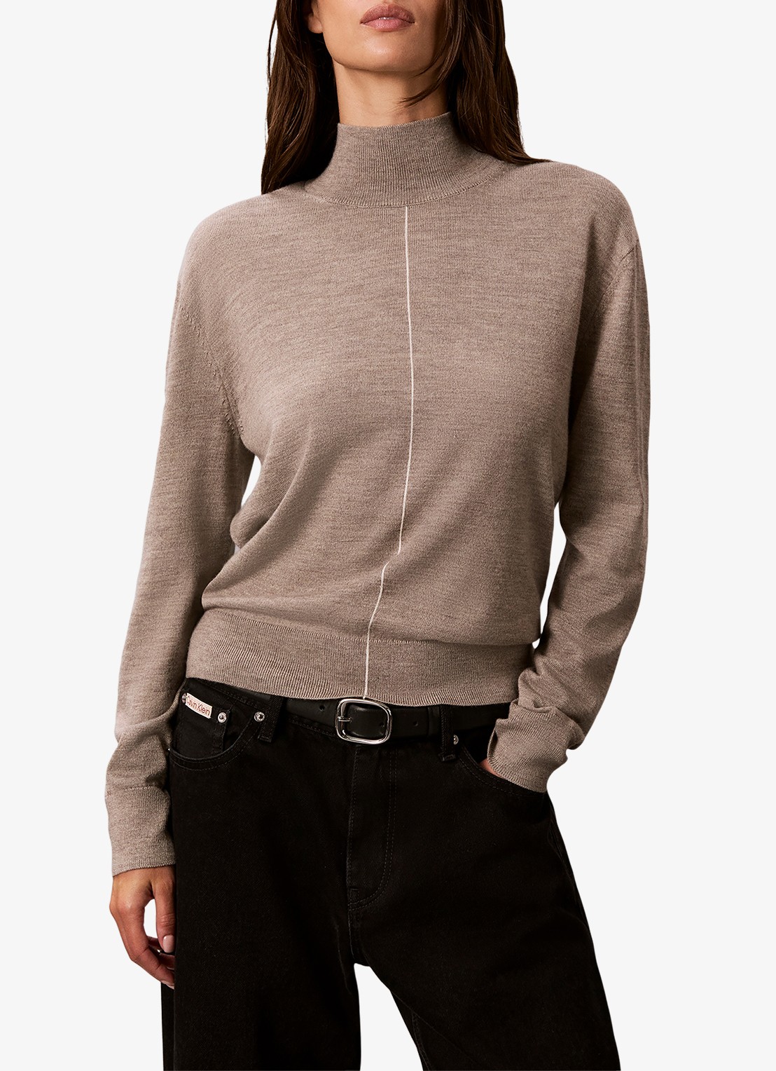 Calvin Klein Coltrui in merino wolblend met siernaad - detail 4 donkerbeige