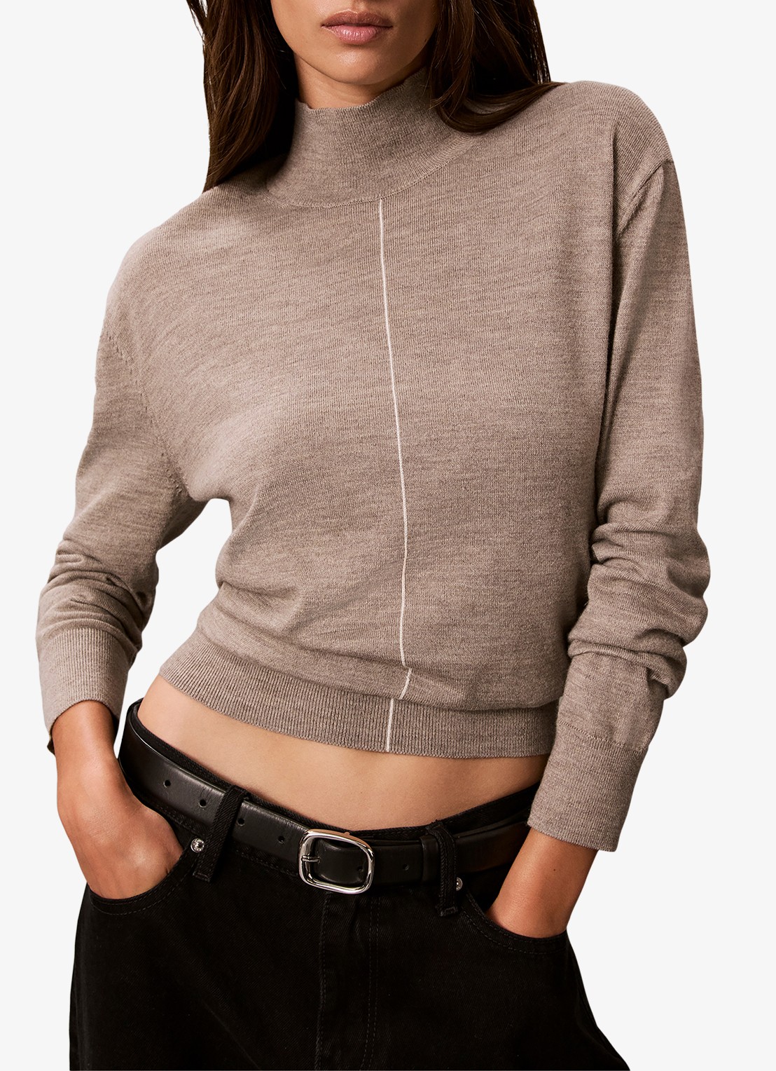 Calvin Klein Coltrui in merino wolblend met siernaad - detail 6 donkerbeige