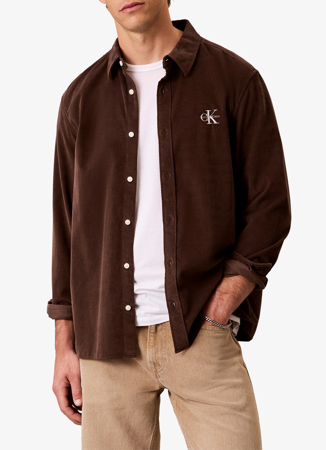 Calvin Klein Comfort fit overhemd van corduroy met borstzak - detail kastanjebruin
