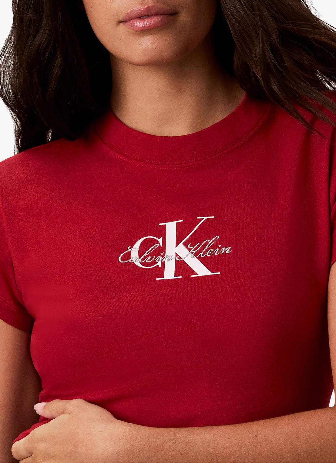 Calvin Klein Cropped T-shirt met logo - detail 2 donkerrood