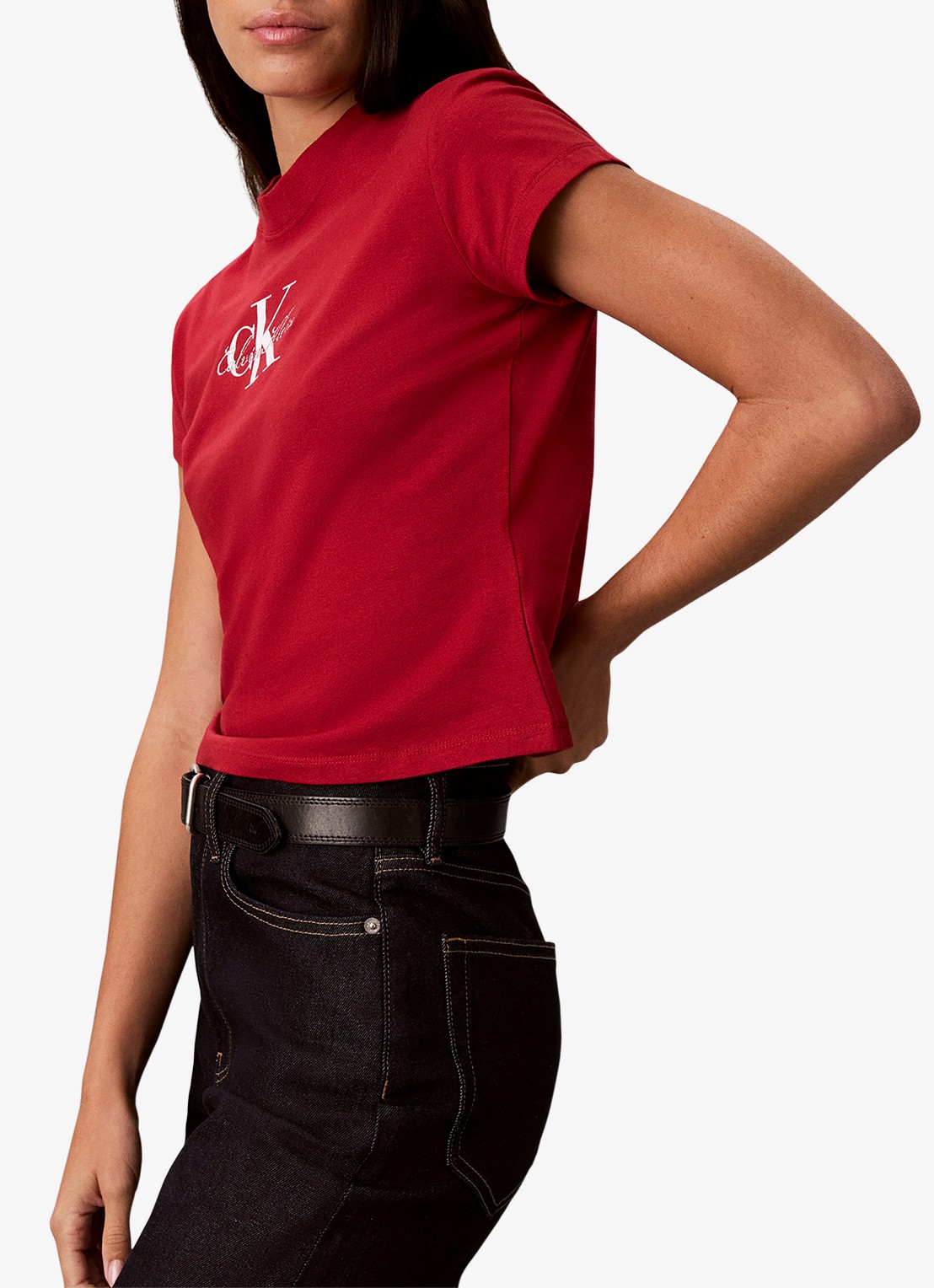 Calvin Klein Cropped T-shirt met logo - detail 3 donkerrood