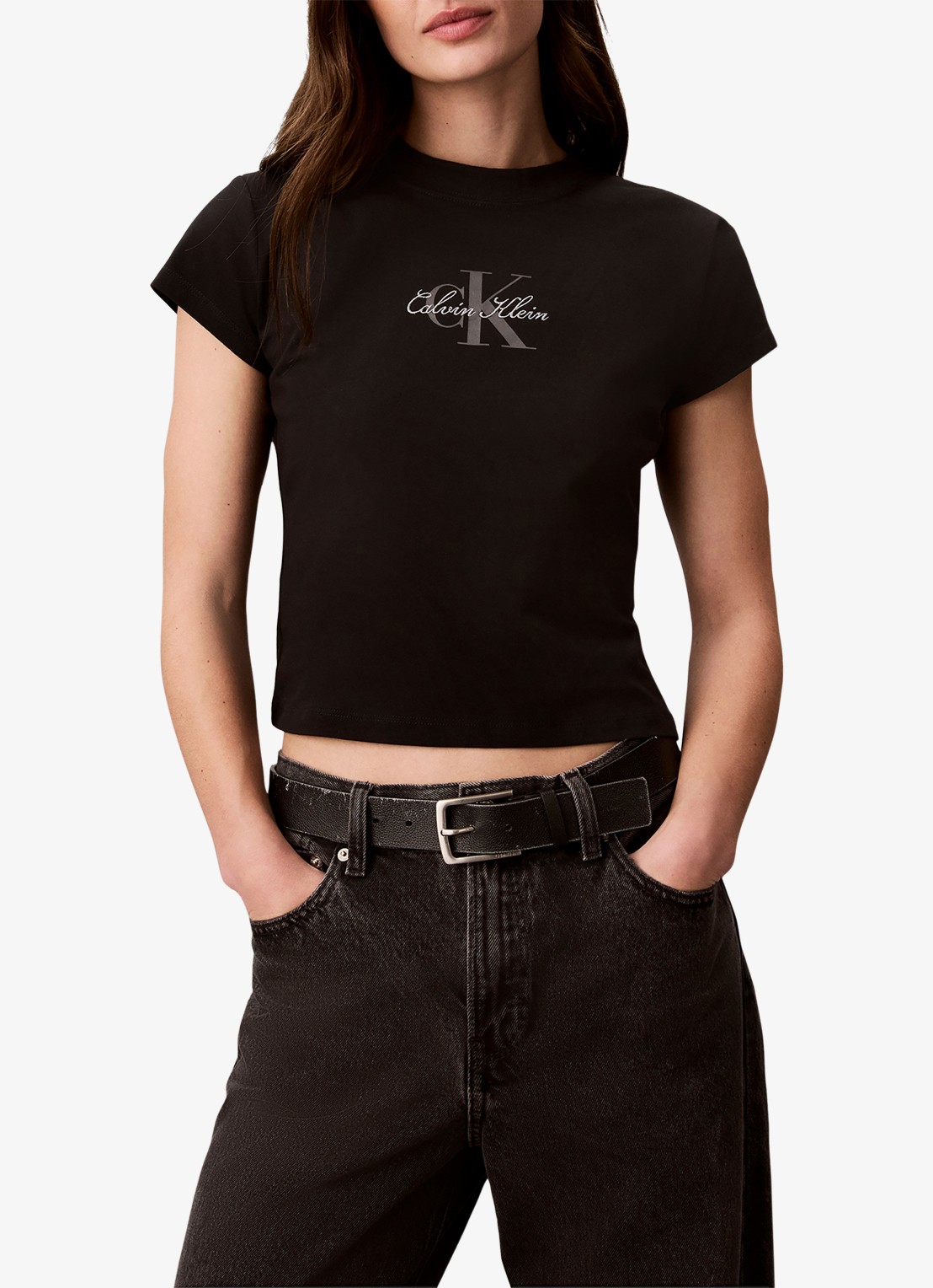 Calvin Klein Cropped T-shirt met logo - detail zwart