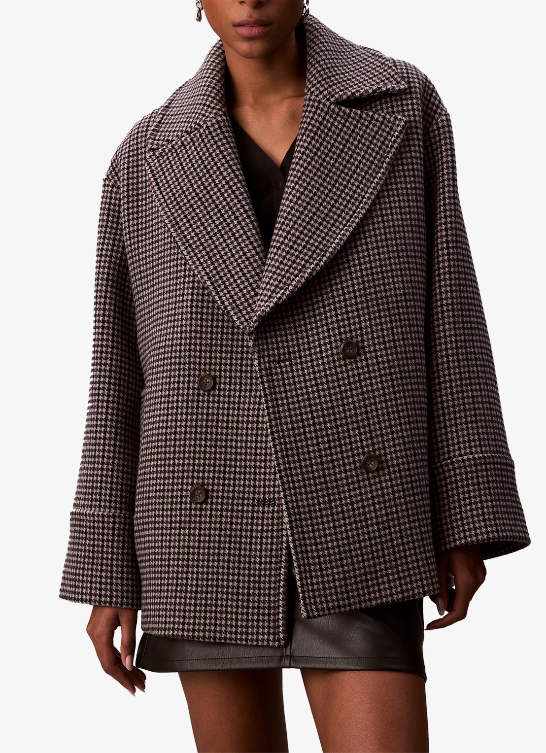 Calvin Klein Double-breasted mantel met pied-de-poule dessin - detail grijs