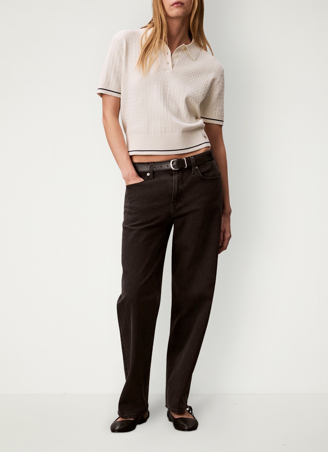 Calvin Klein Fijngebreide trui met gestreept detail - voorkant 5 gebroken wit