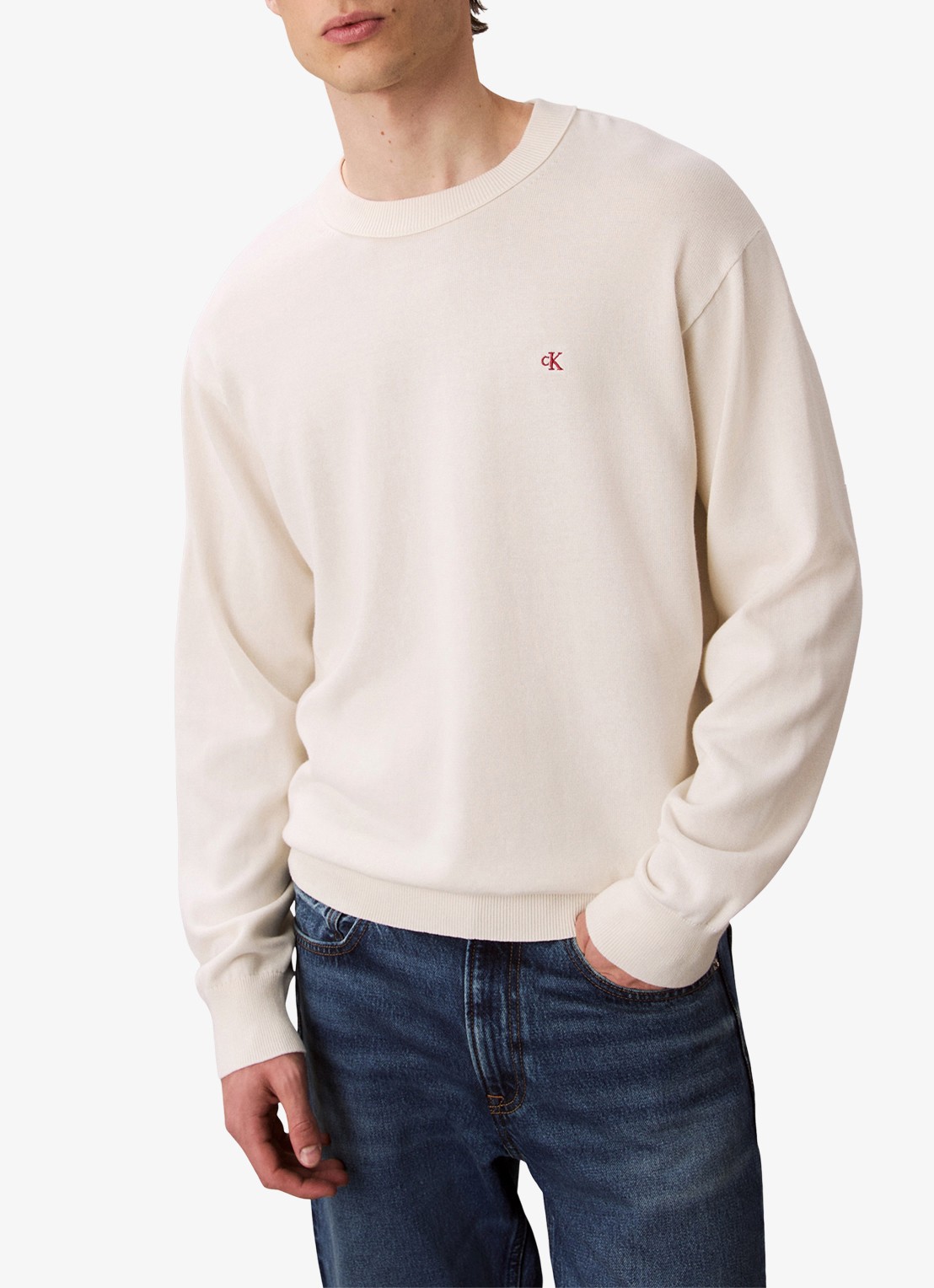 Calvin Klein Fijngebreide trui met logo - detail gebroken wit