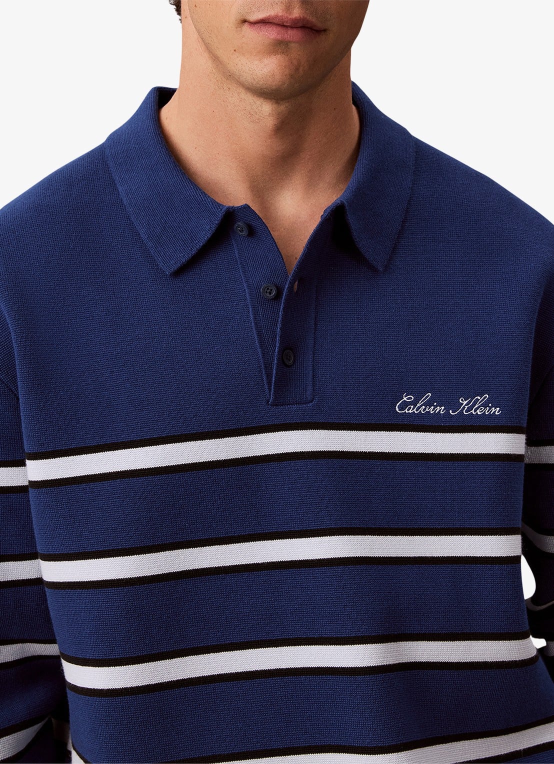 Calvin Klein Fijngebreide trui met streepprint - detail 5 staalblauw