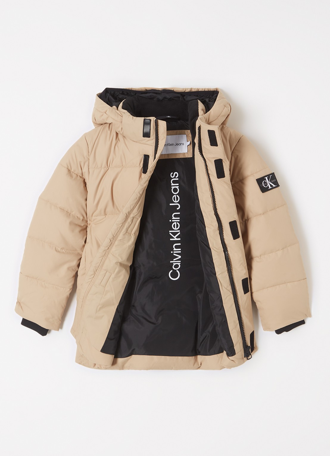 Calvin Klein Gewatteerde jas met afneembare capuchon - voorkant 2 donkerbeige