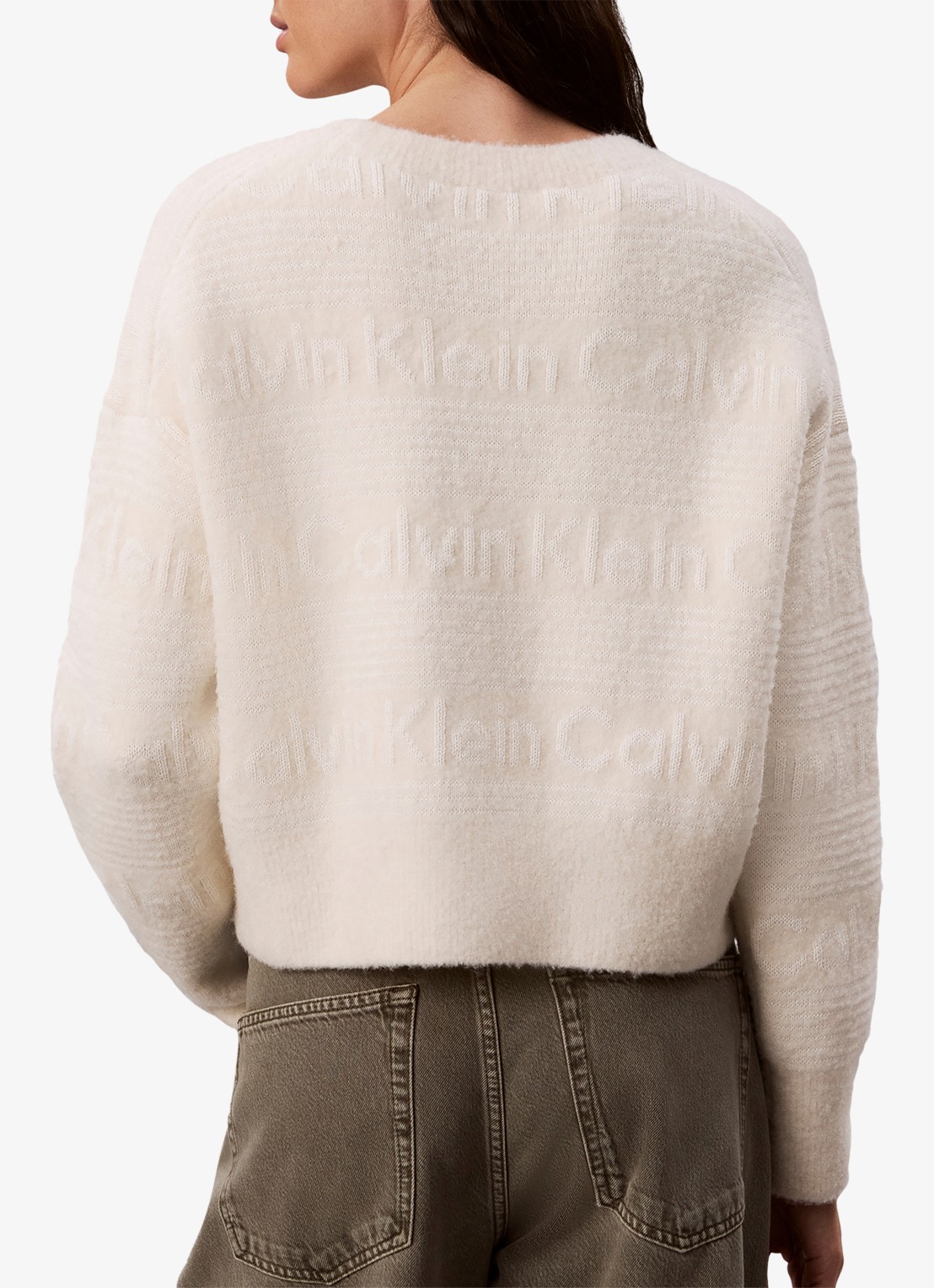 Calvin Klein Grofgebreide trui in wolblend met ingebreid patroon - achterkant ivoor