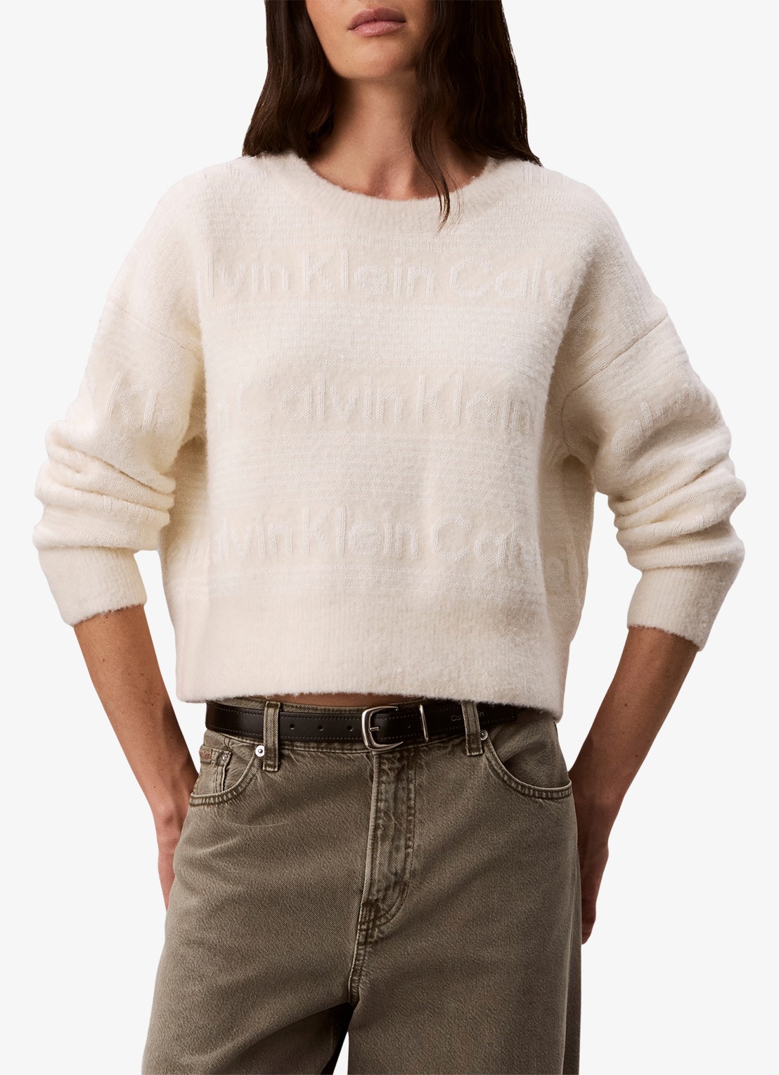Calvin Klein Grofgebreide trui in wolblend met ingebreid patroon - detail 4 ivoor