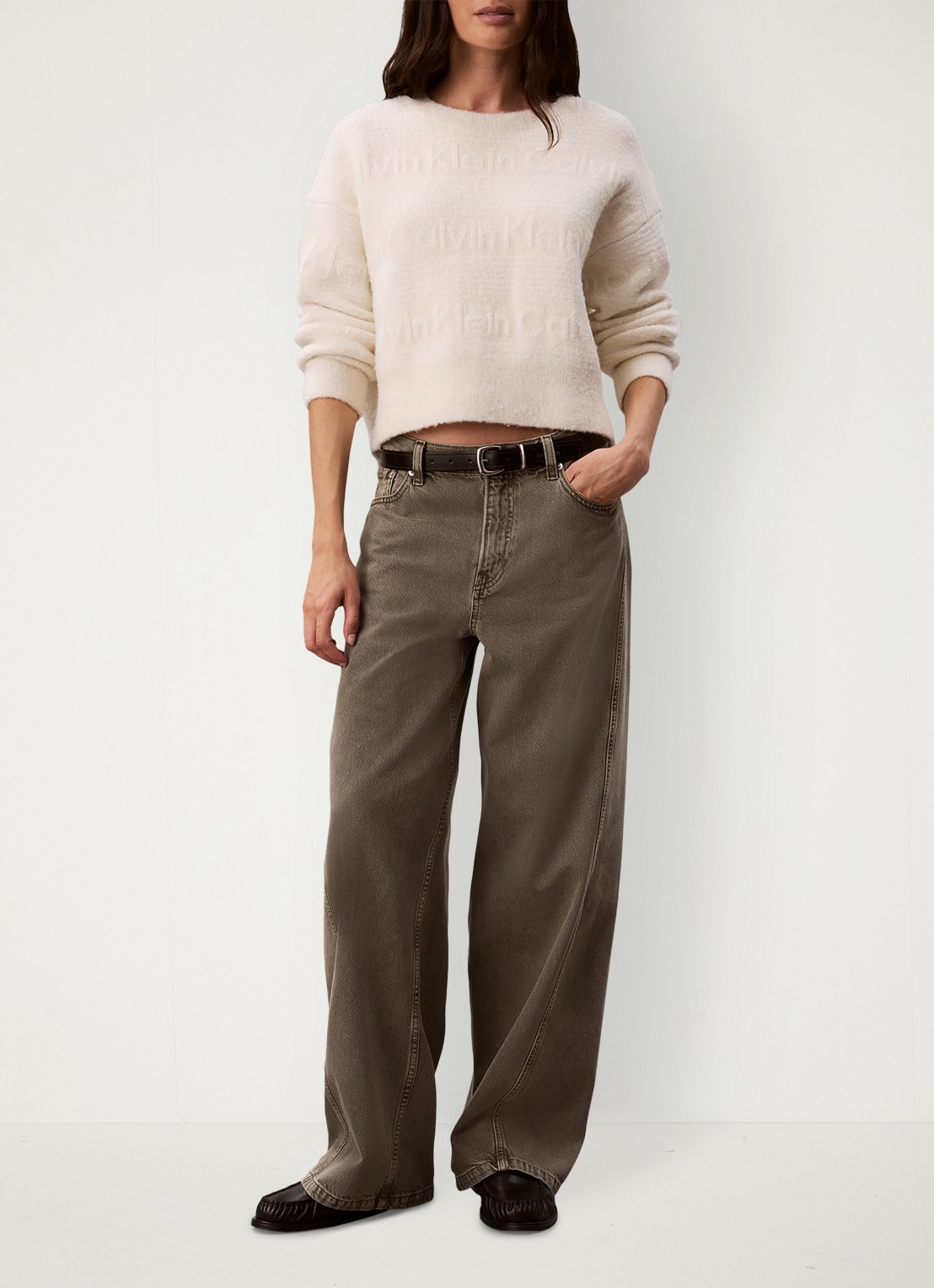 Calvin Klein Grofgebreide trui in wolblend met ingebreid patroon - voorkant 3 ivoor
