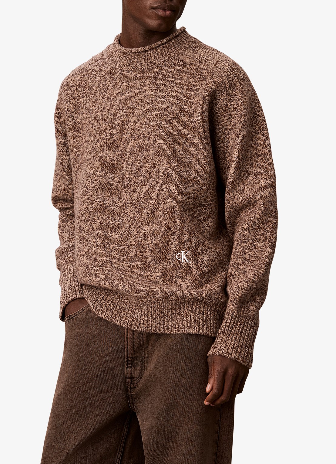 Calvin Klein Grofgebreide trui met logo - detail bruin