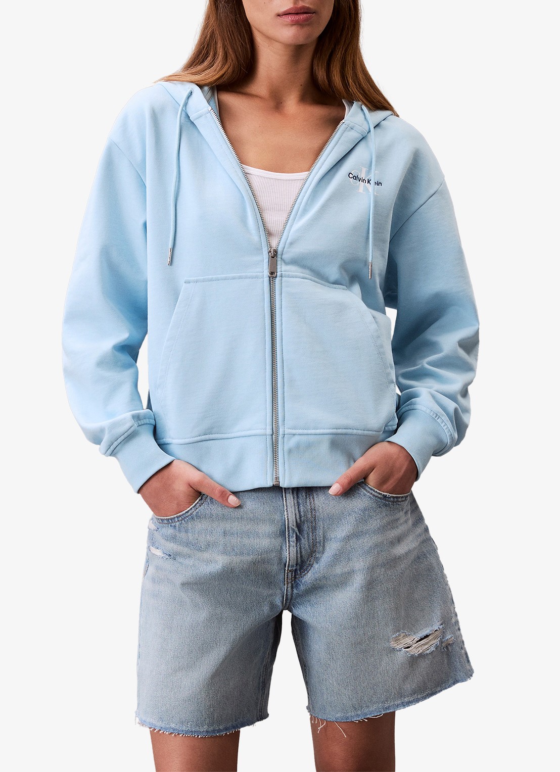 Calvin Klein Hoodie met logo - detail lichtblauw