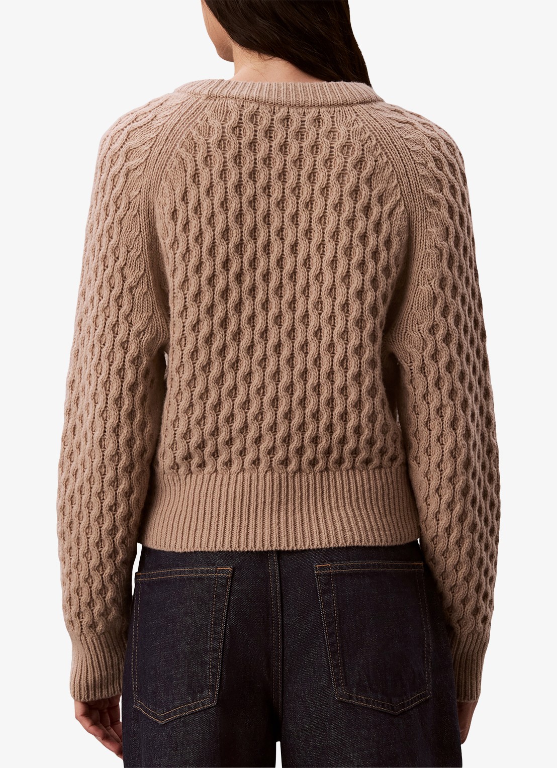 Calvin Klein Kabelgebreide trui in merino wolblend - achterkant 4 donkerkhaki