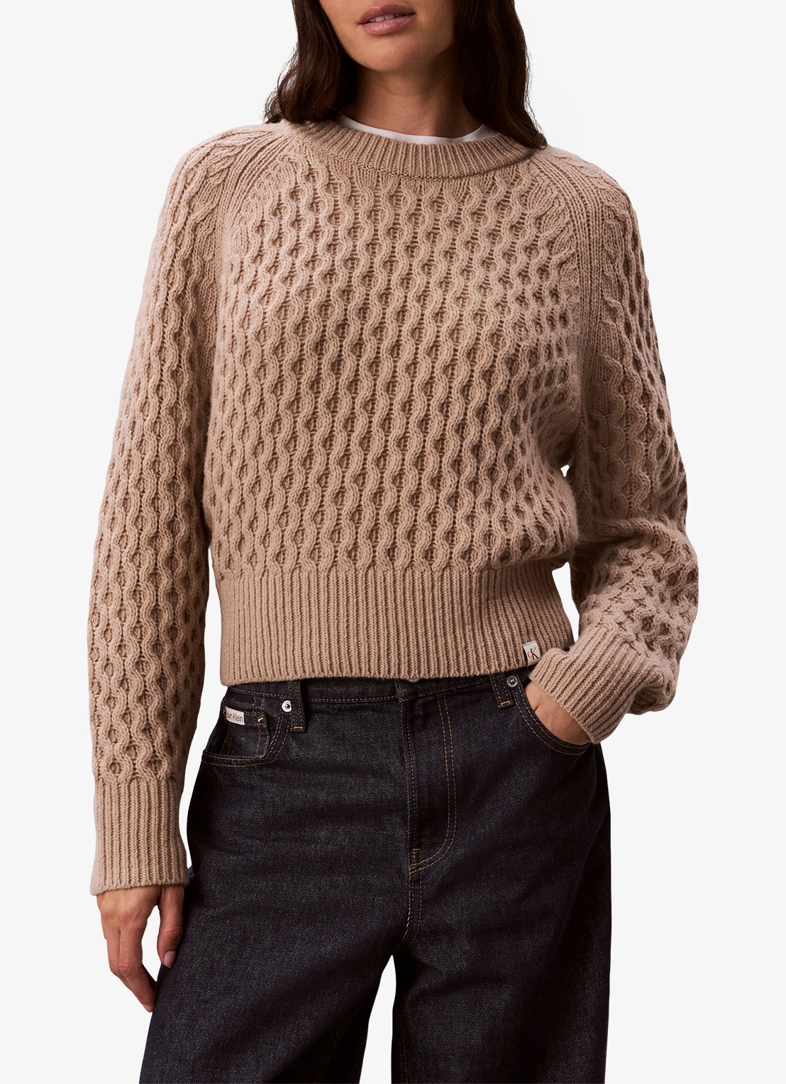 Calvin Klein Kabelgebreide trui in merino wolblend - detail donkerkhaki