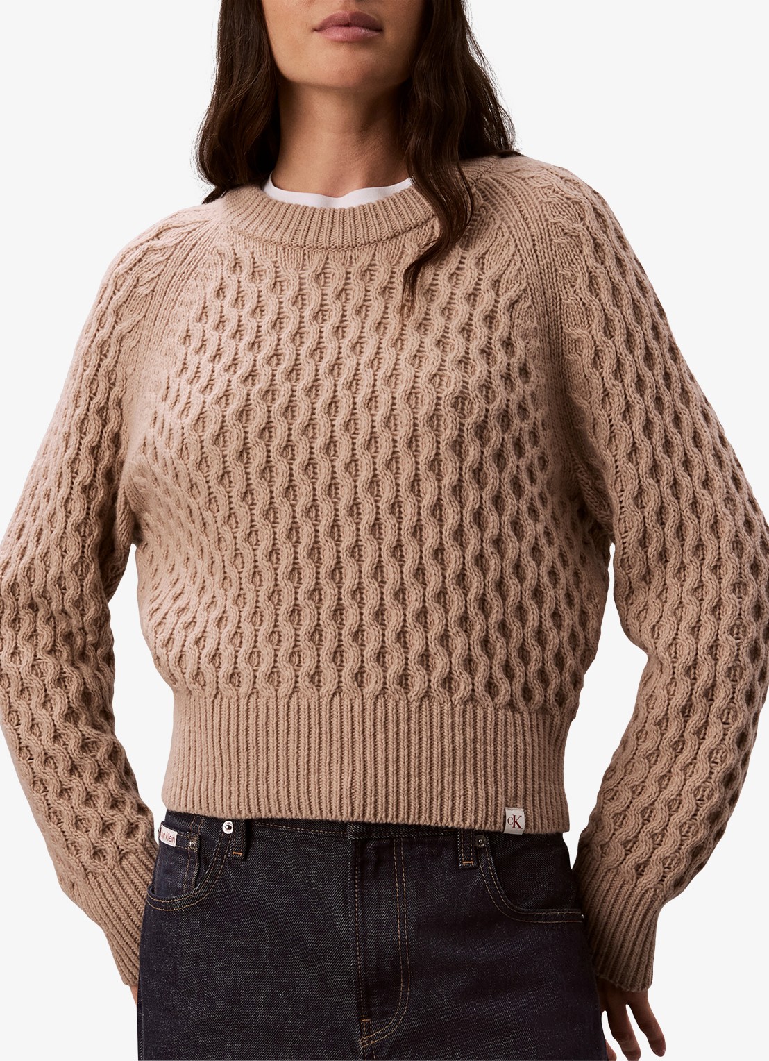 Calvin Klein Kabelgebreide trui in merino wolblend - detail 3 donkerkhaki