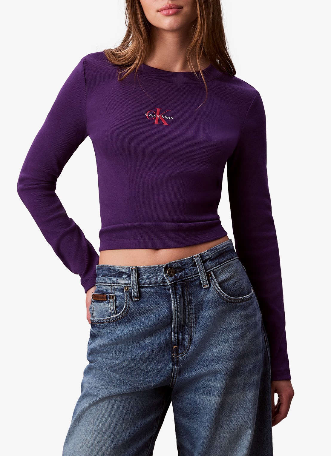 Calvin Klein Longsleeve top met logo en ronde hals - detail paars