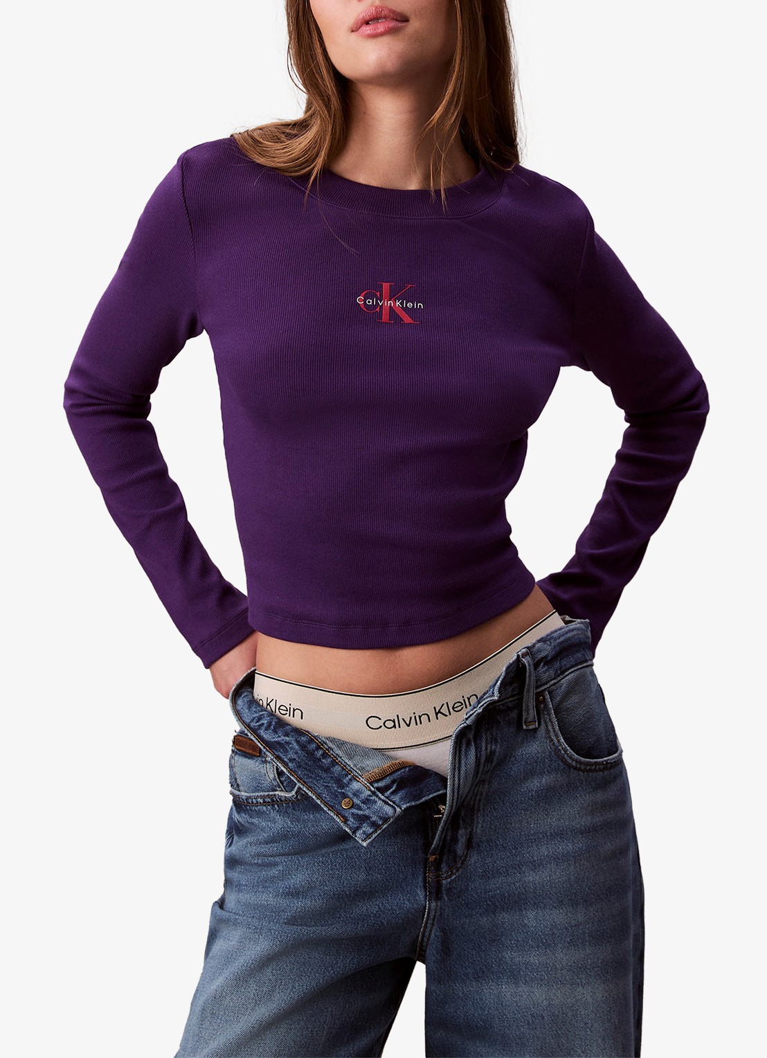 Calvin Klein Longsleeve top met logo en ronde hals - detail 3 paars