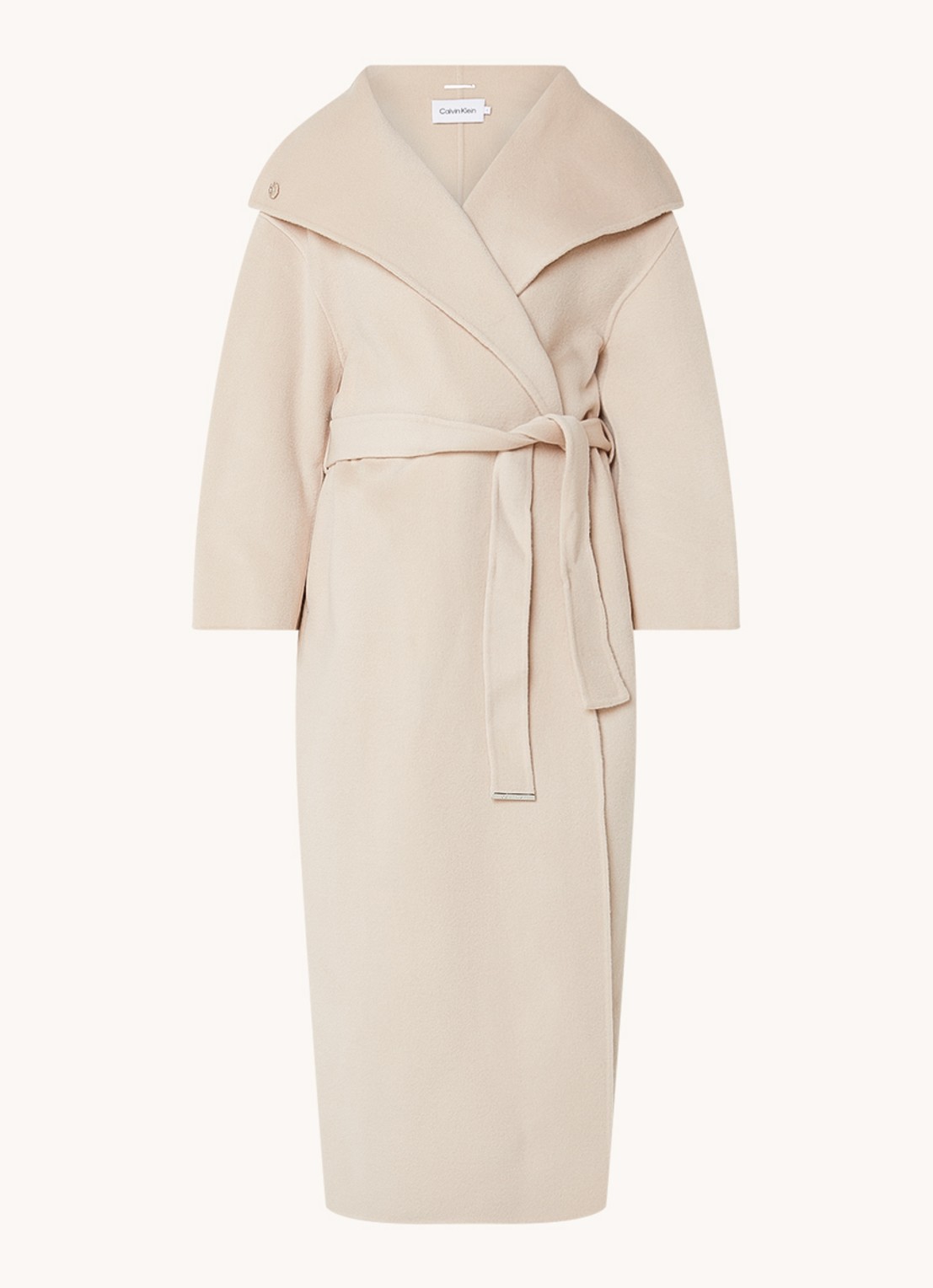 Calvin Klein Mantel van wol met strikceintuur en steekzakken - voorkant beige