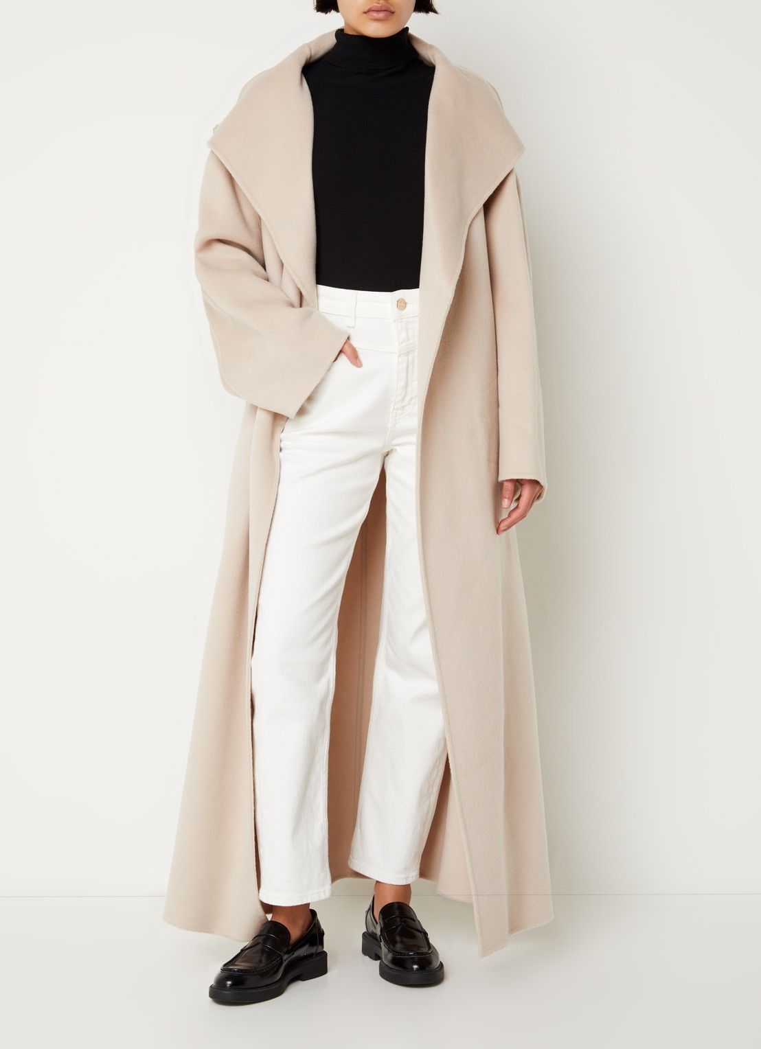 Calvin Klein Mantel van wol met strikceintuur en steekzakken - voorkant 2 beige