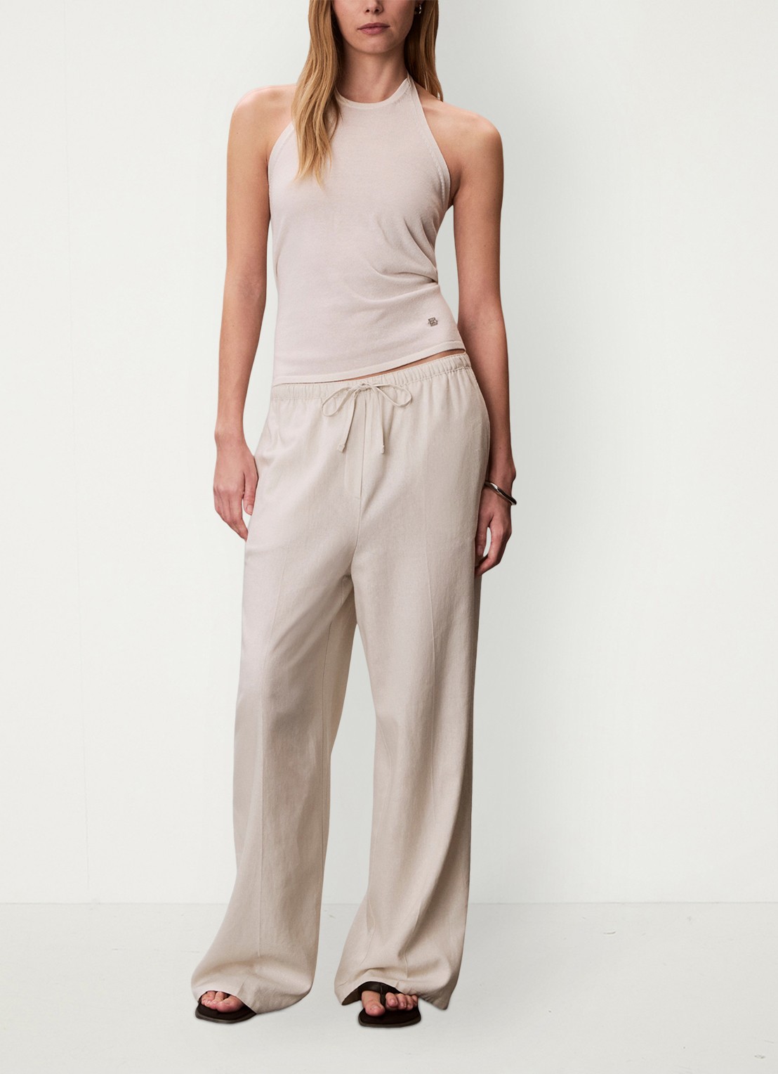 Calvin Klein Mid waist wide fit pantalon in linnenblend - voorkant 2 beige