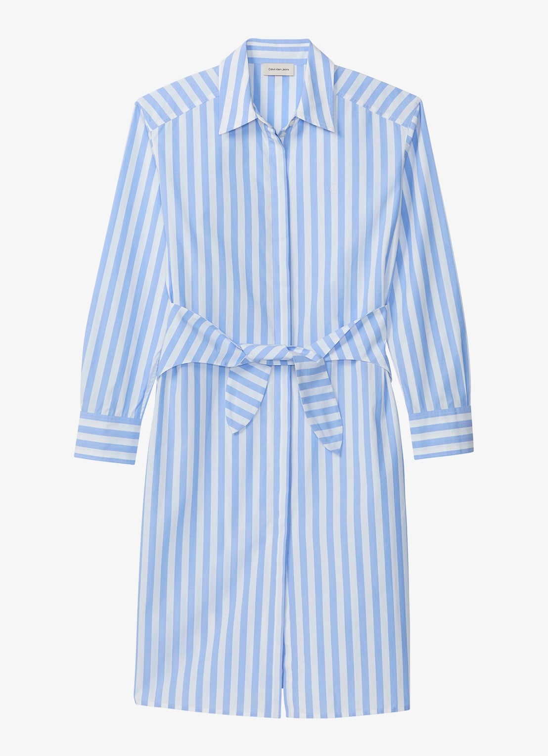 Calvin Klein Midi blousejurk met streepprint en strikceintuur - voorkant blauw