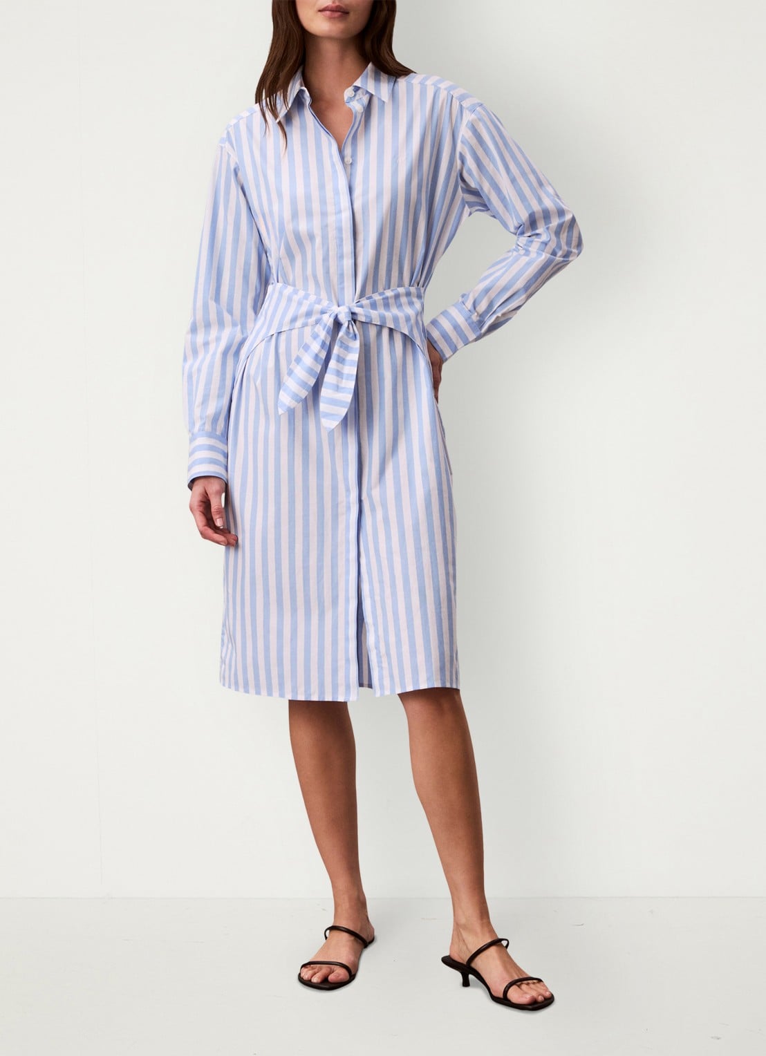 Calvin Klein Midi blousejurk met streepprint en strikceintuur - voorkant 2 blauw